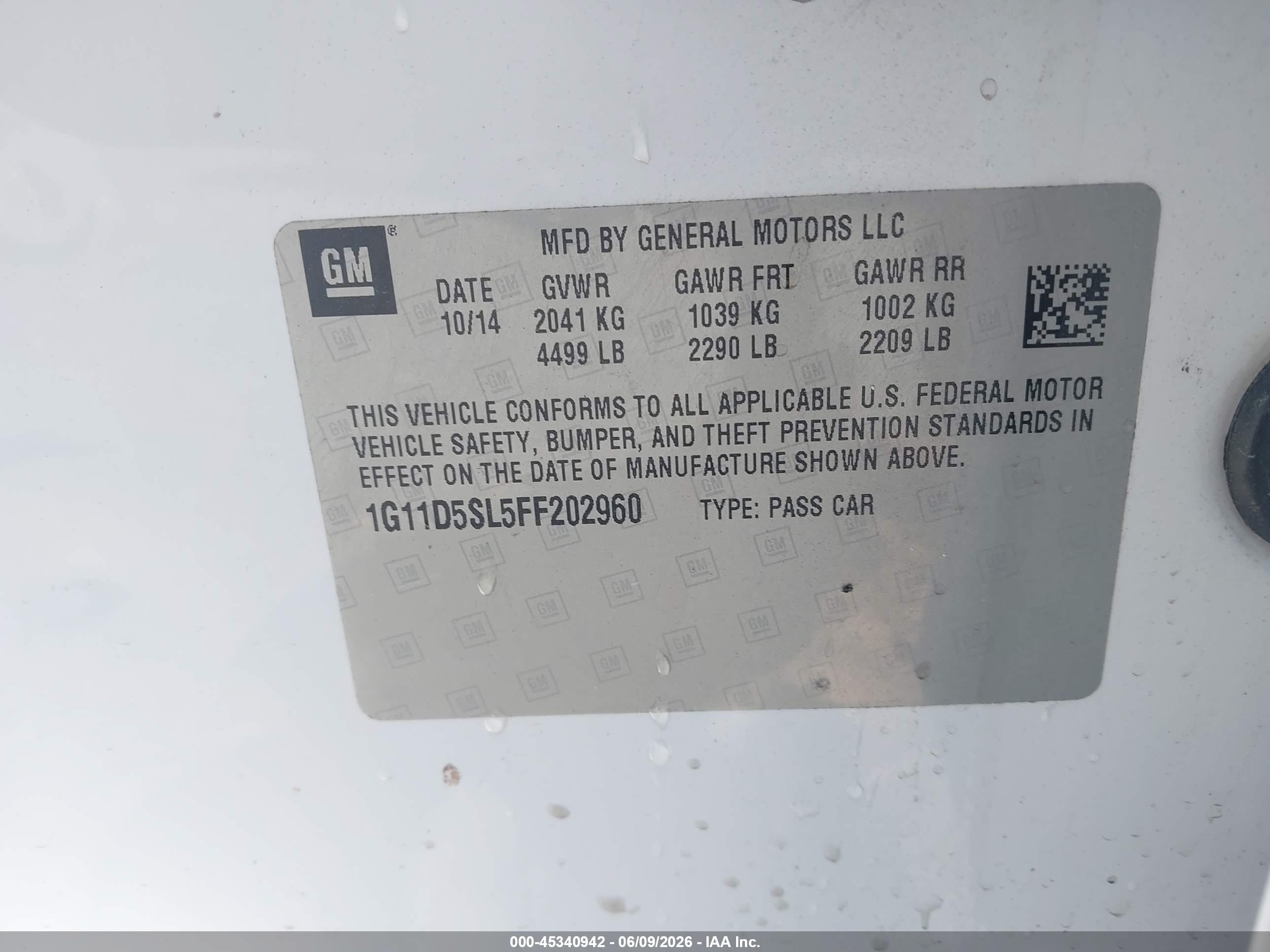 2015 Chevrolet Malibu 2lt White vin: 1G11D5SL5FF202960