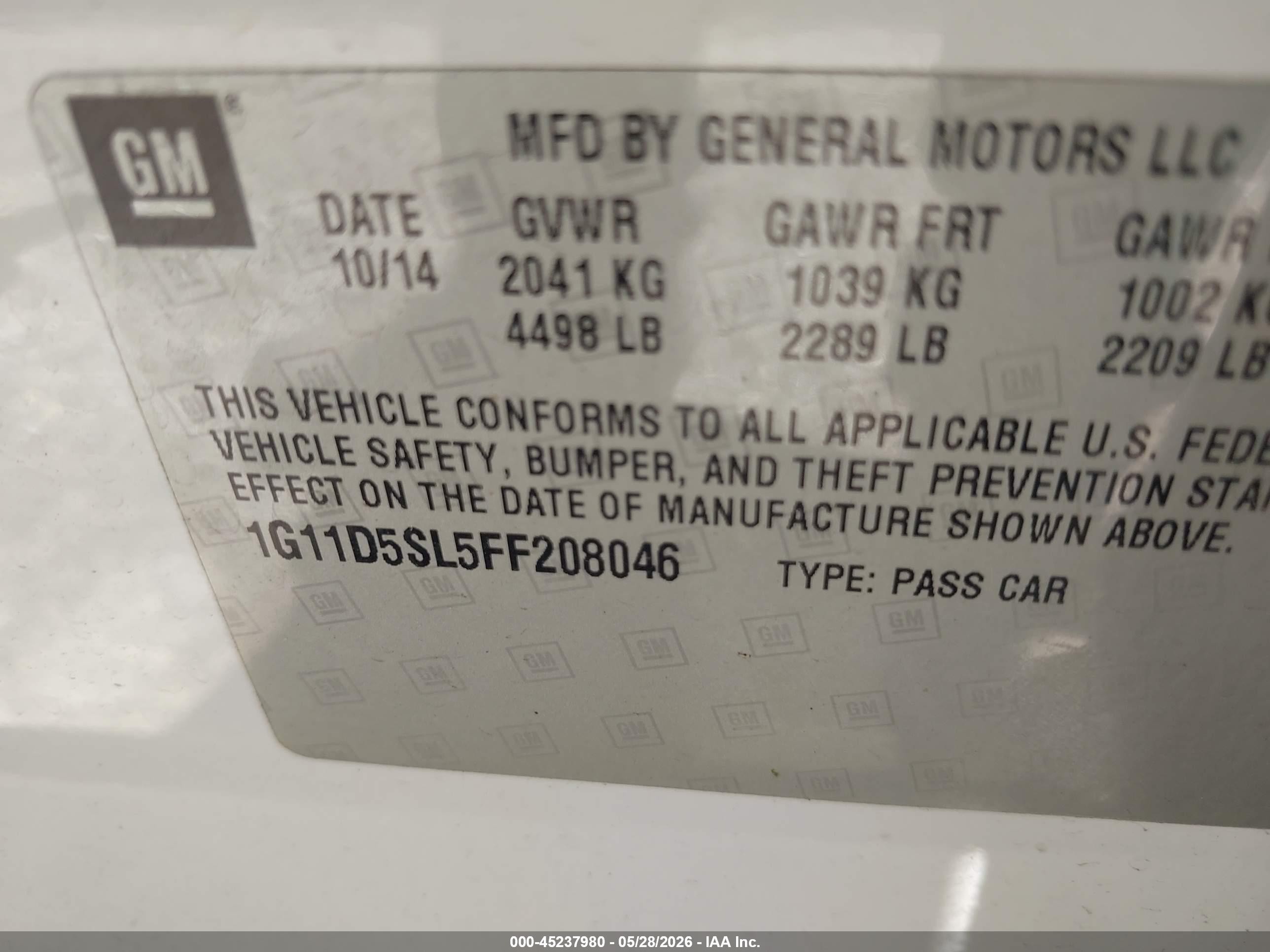 2015 Chevrolet Malibu 2lt White vin: 1G11D5SL5FF208046