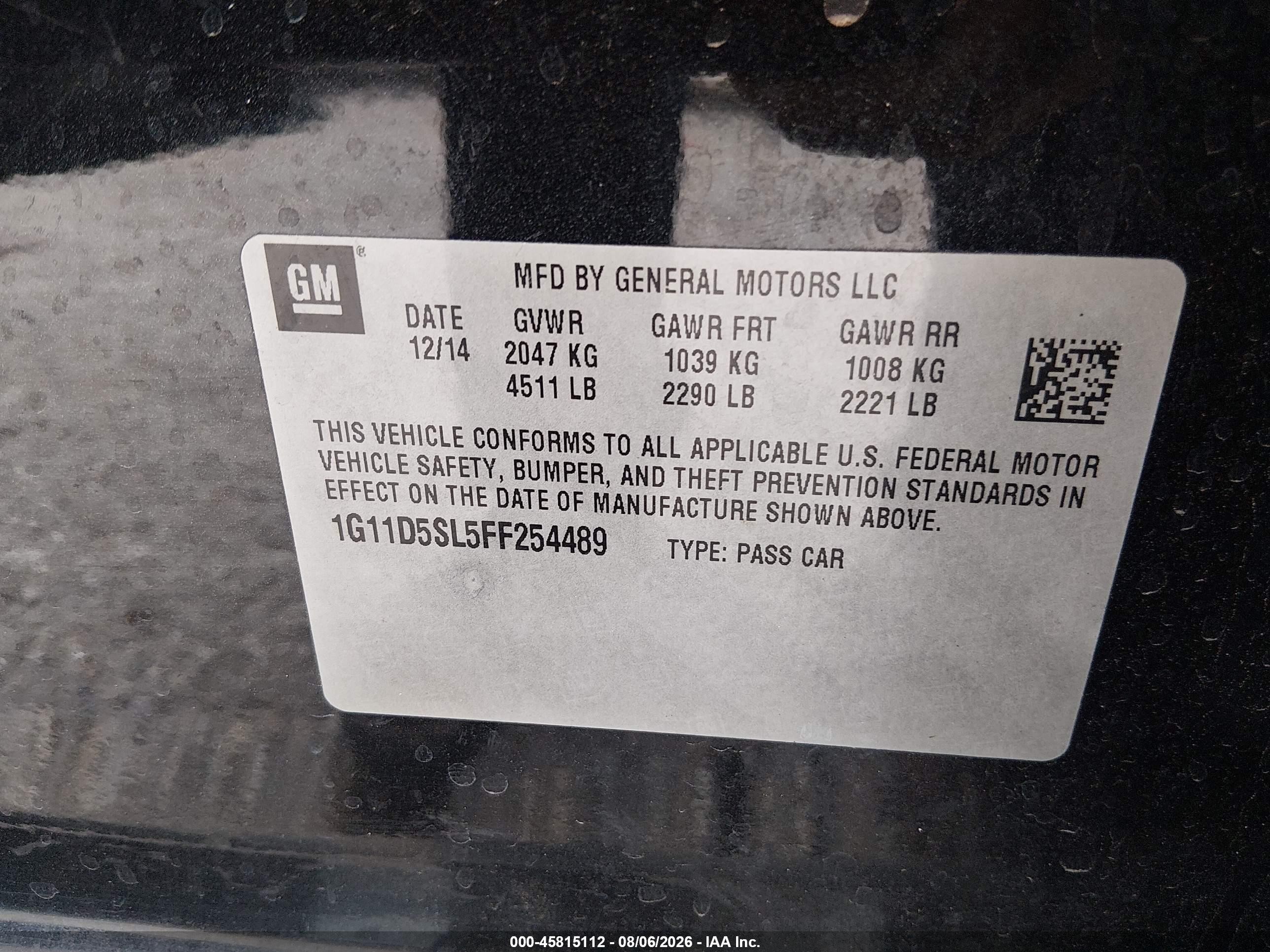 2015 Chevrolet Malibu 2lt Black vin: 1G11D5SL5FF254489