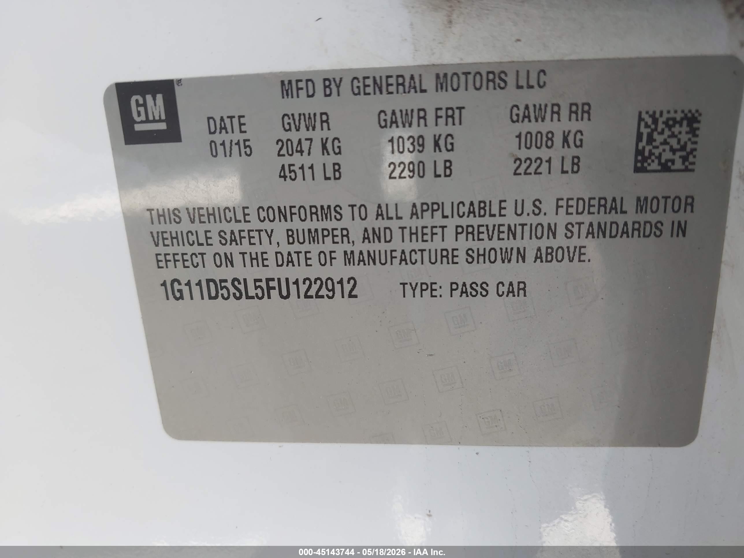 2015 Chevrolet Malibu 2lt White vin: 1G11D5SL5FU122912