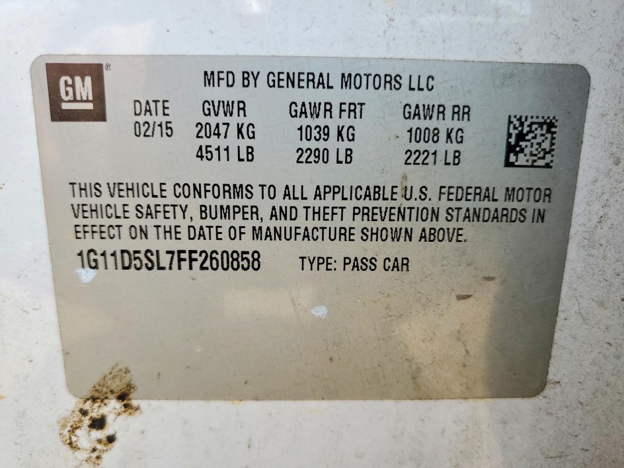 2015 Chevrolet Malibu 2lt White vin: 1G11D5SL7FF260858