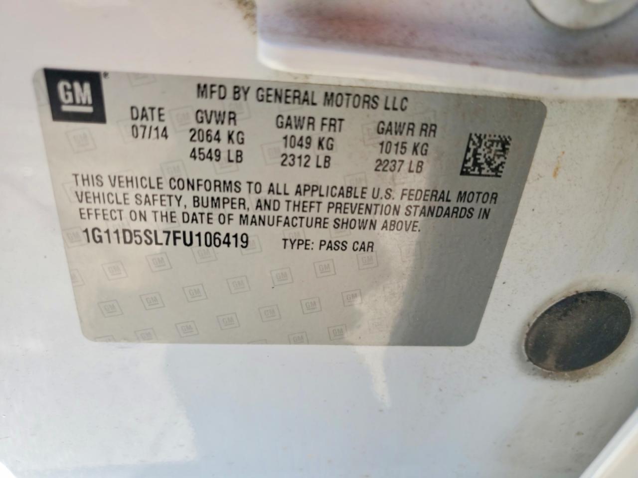 2015 Chevrolet Malibu 2lt Белый vin: 1G11D5SL7FU106419