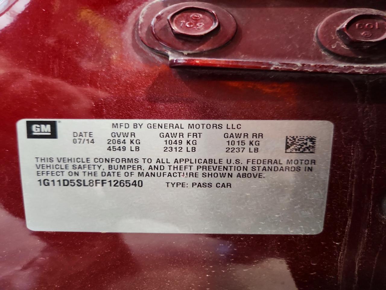 2015 Chevrolet Malibu Ltz Maroon vin: 1G11D5SL8FF126540