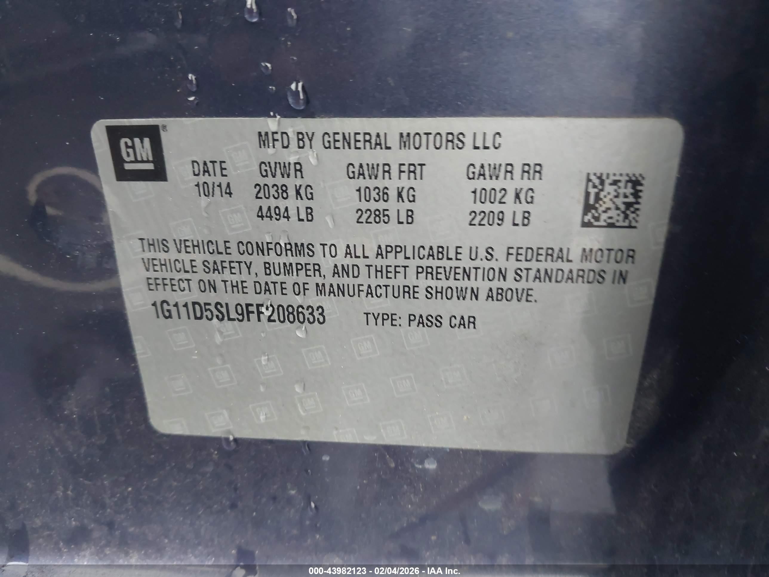 2015 Chevrolet Malibu 2lt Light Blue vin: 1G11D5SL9FF208633