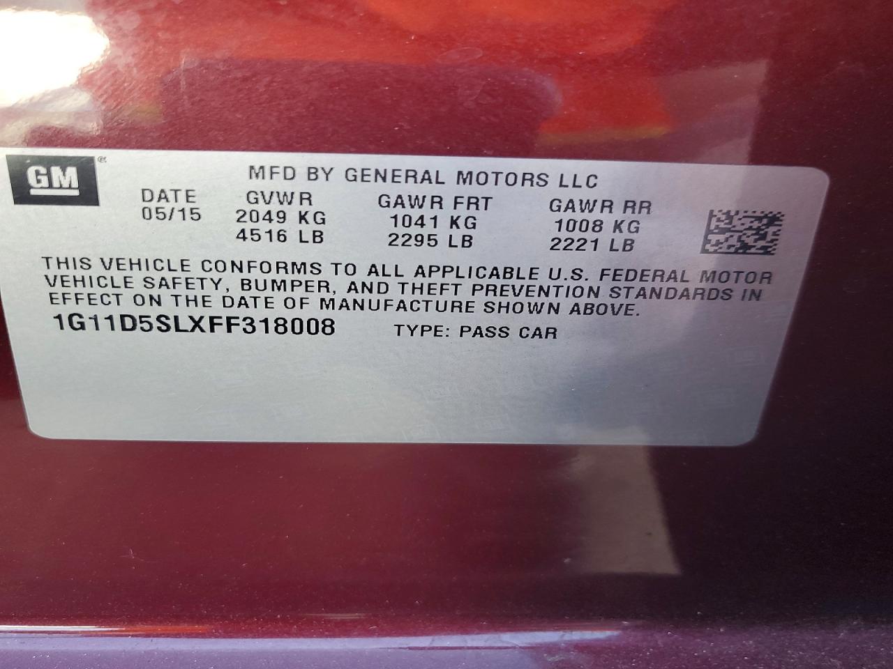 2015 Chevrolet Malibu 2lt Burgundy vin: 1G11D5SLXFF318008