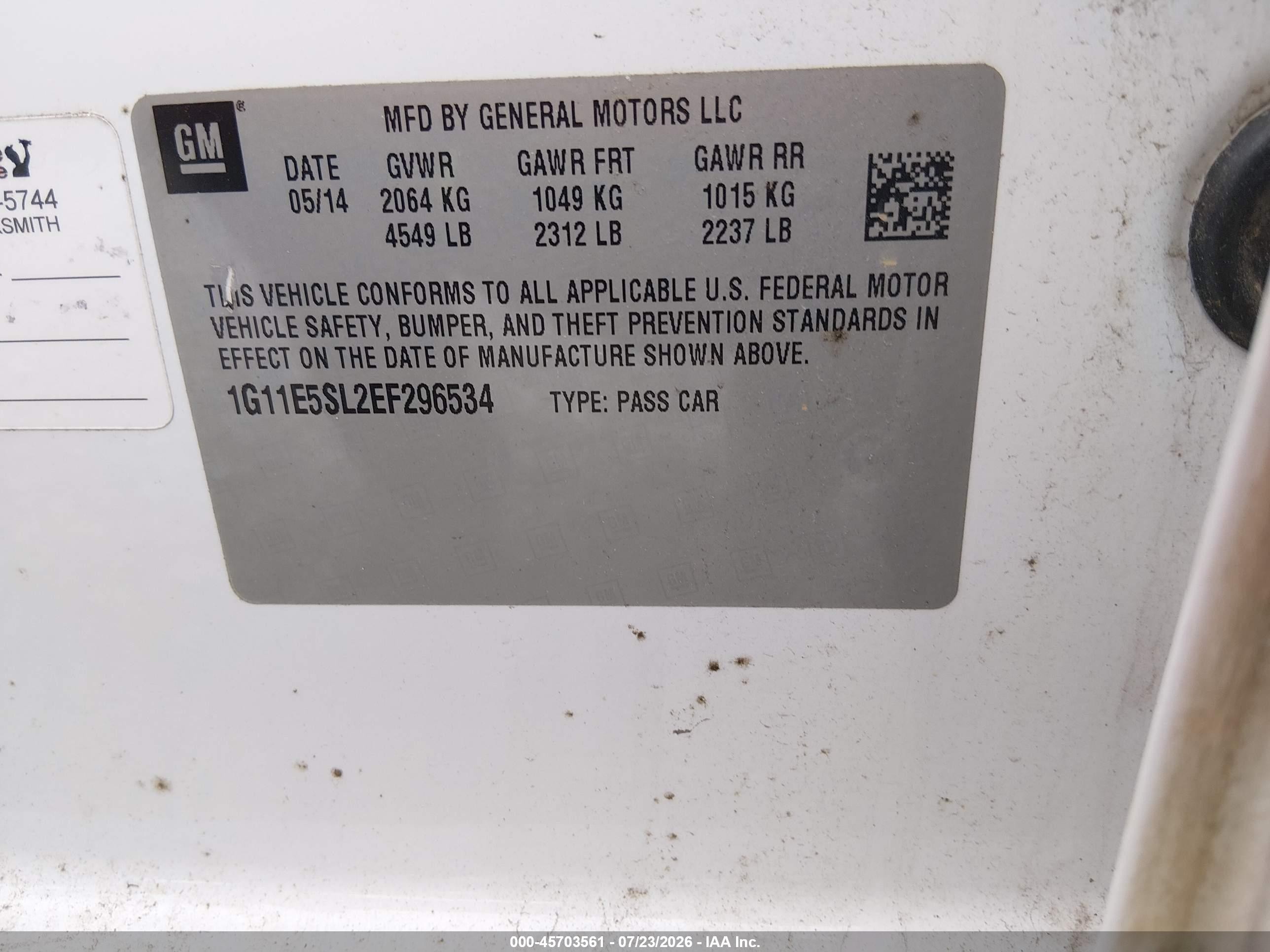 2014 Chevrolet Malibu 2lt White vin: 1G11E5SL2EF296534