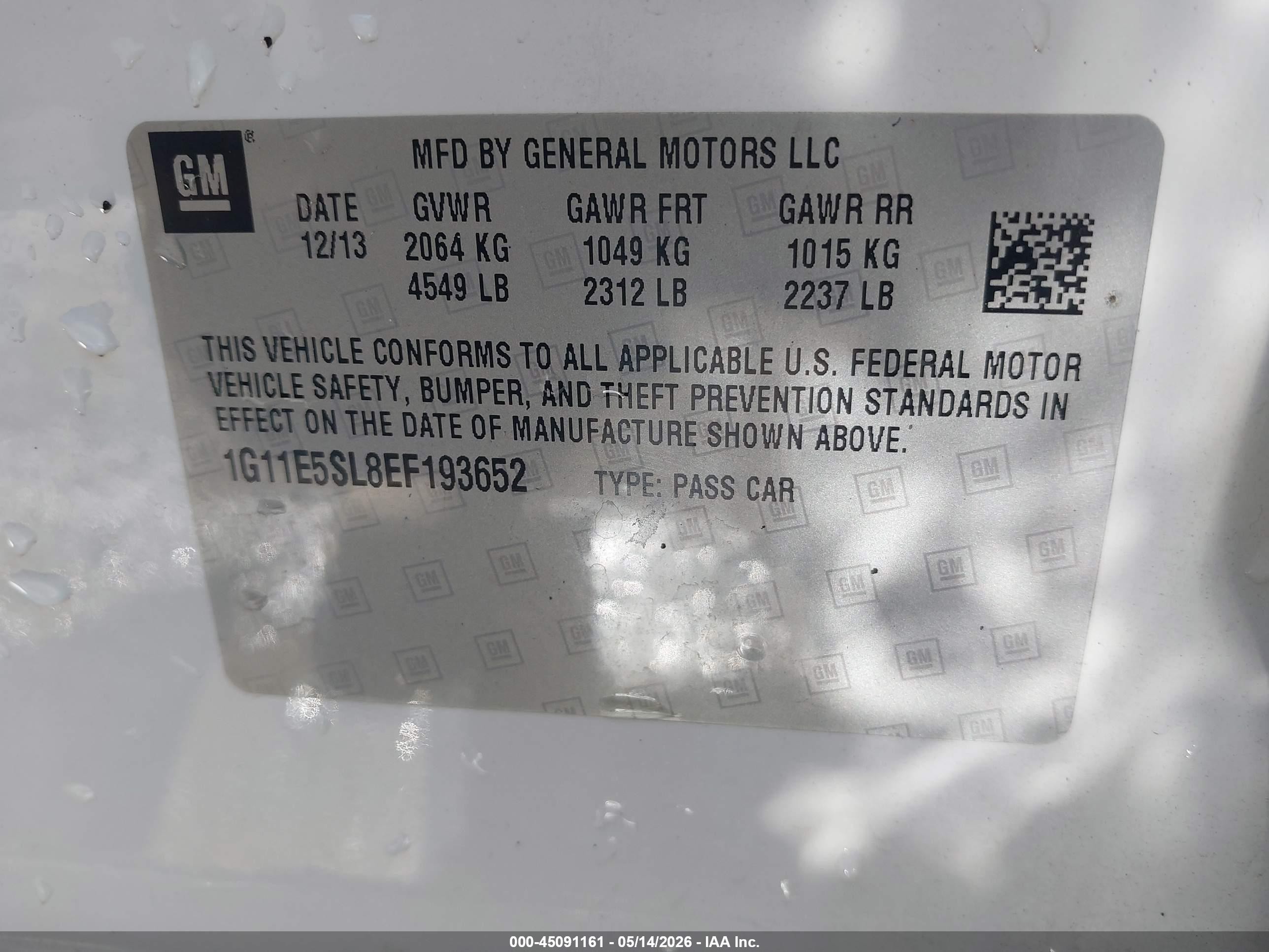 2014 Chevrolet Malibu 2lt White vin: 1G11E5SL8EF193652