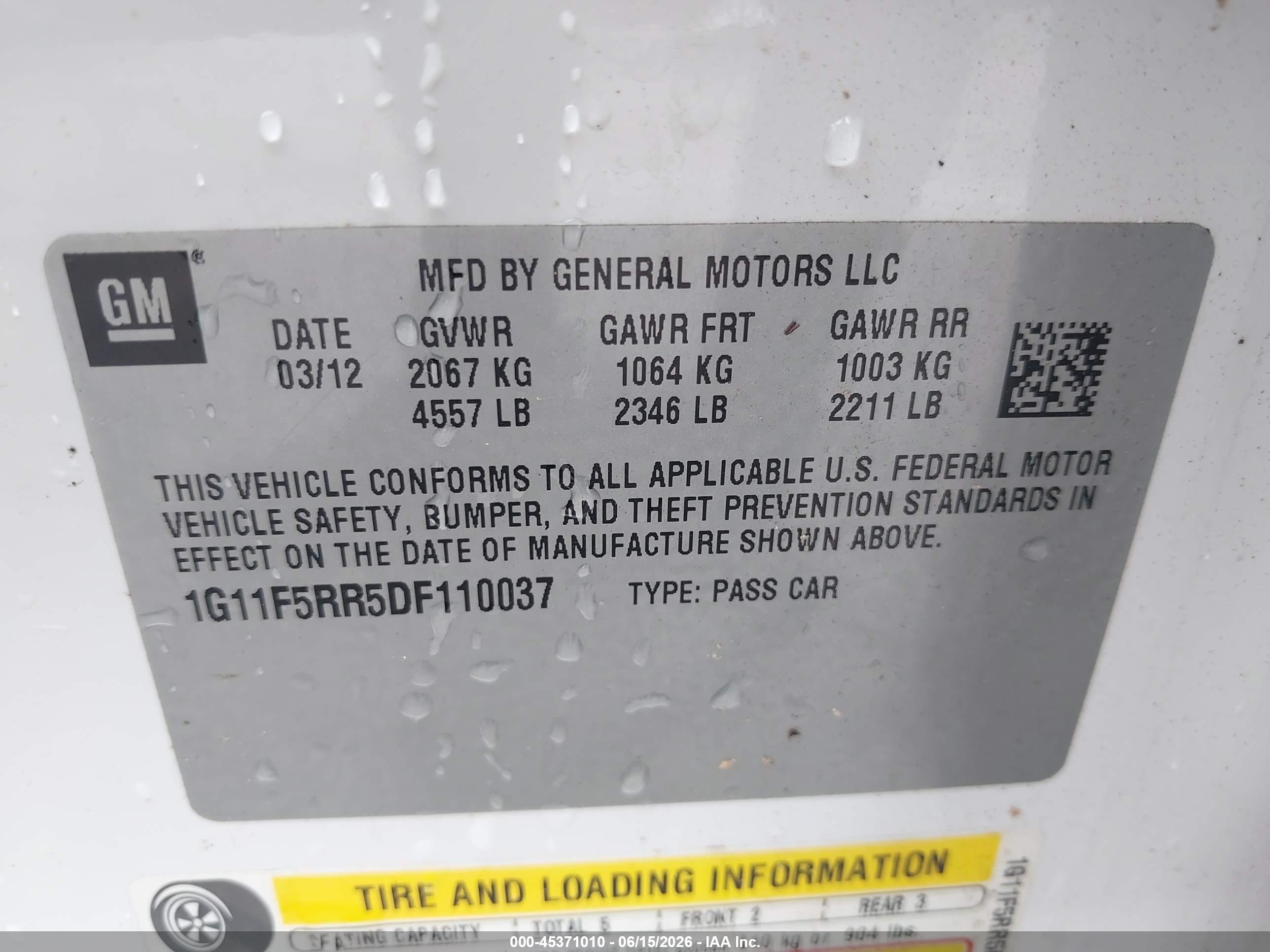 2013 Chevrolet Malibu Eco Premium Audio Белый vin: 1G11F5RR5DF110037
