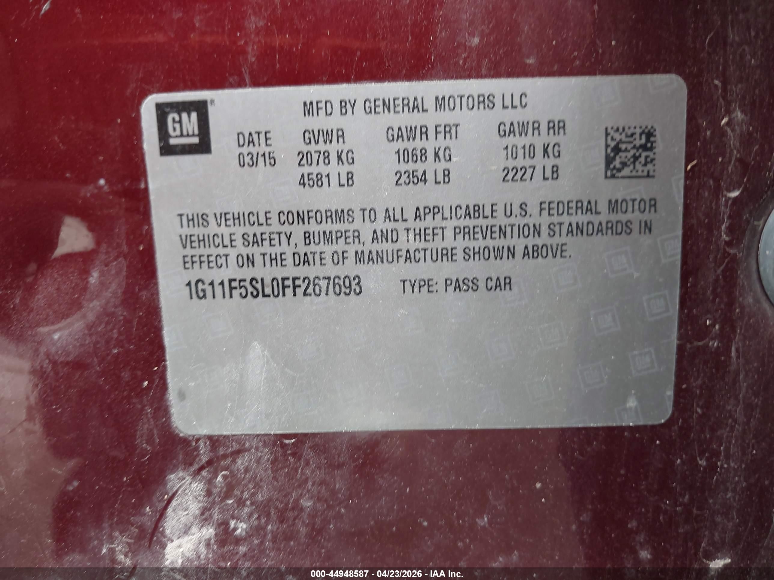 2015 Chevrolet Malibu 1lz Red vin: 1G11F5SL0FF267693
