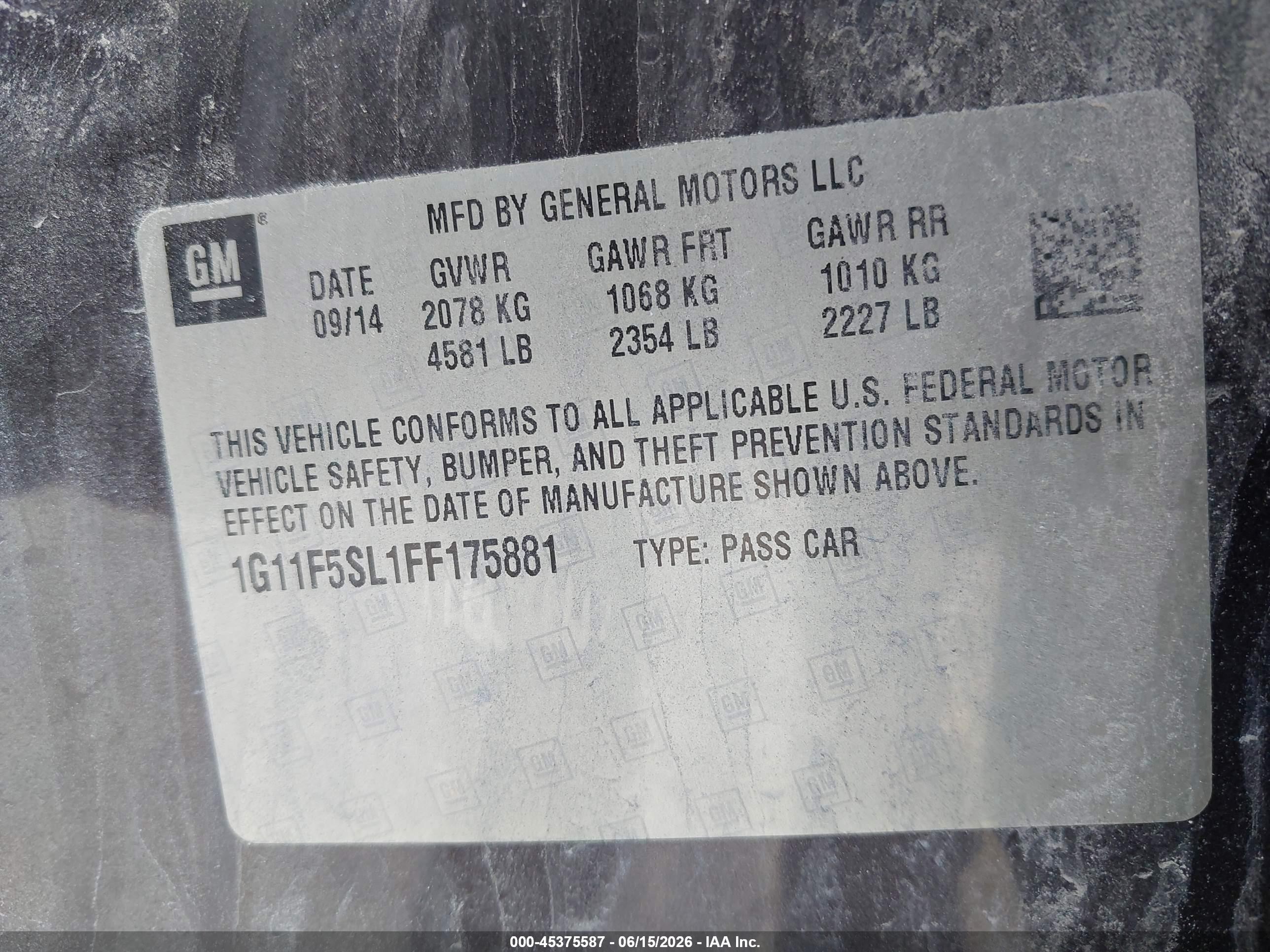 2015 Chevrolet Malibu 1lz Gray vin: 1G11F5SL1FF175881