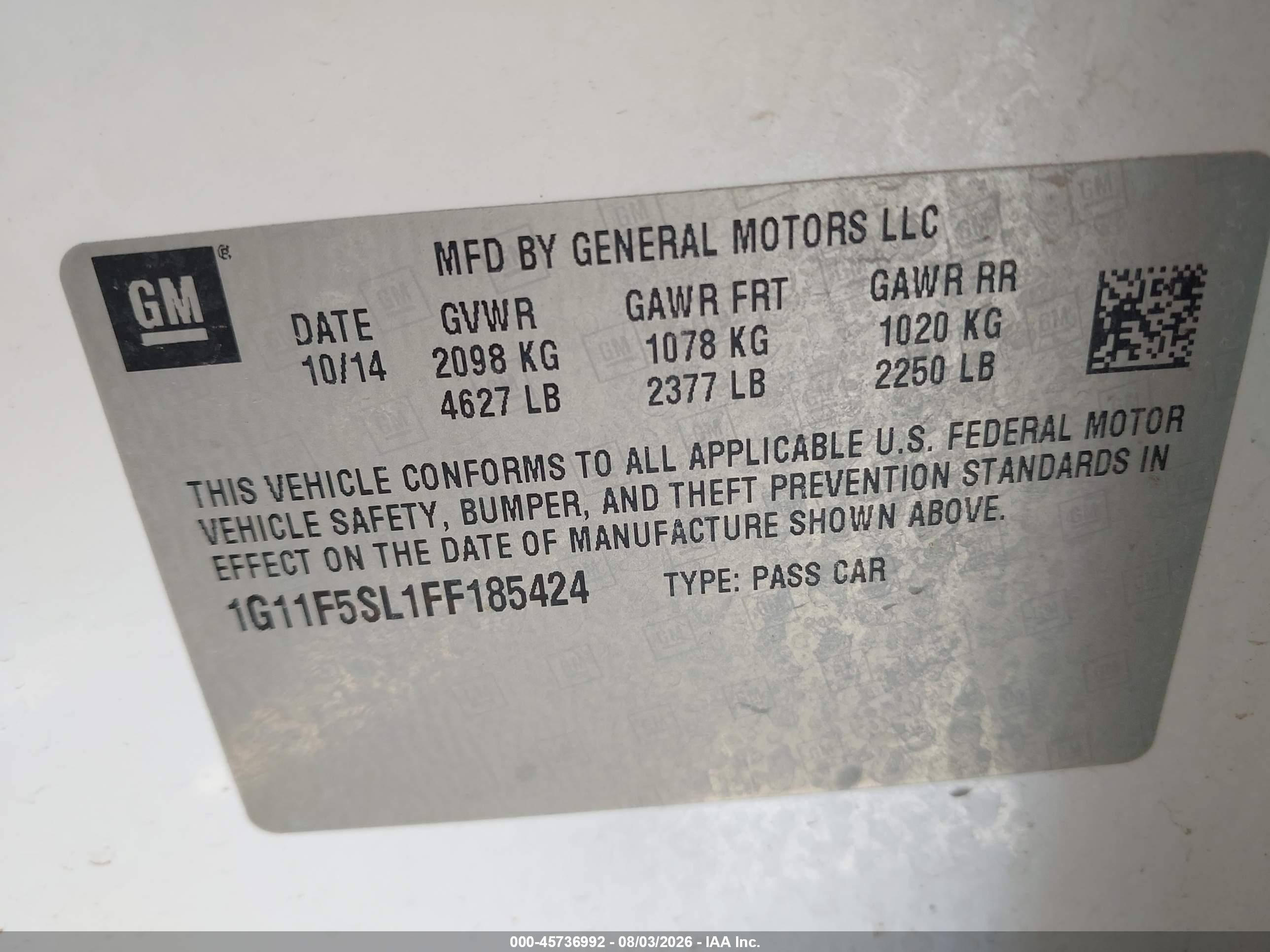 2015 Chevrolet Malibu 1lz White vin: 1G11F5SL1FF185424