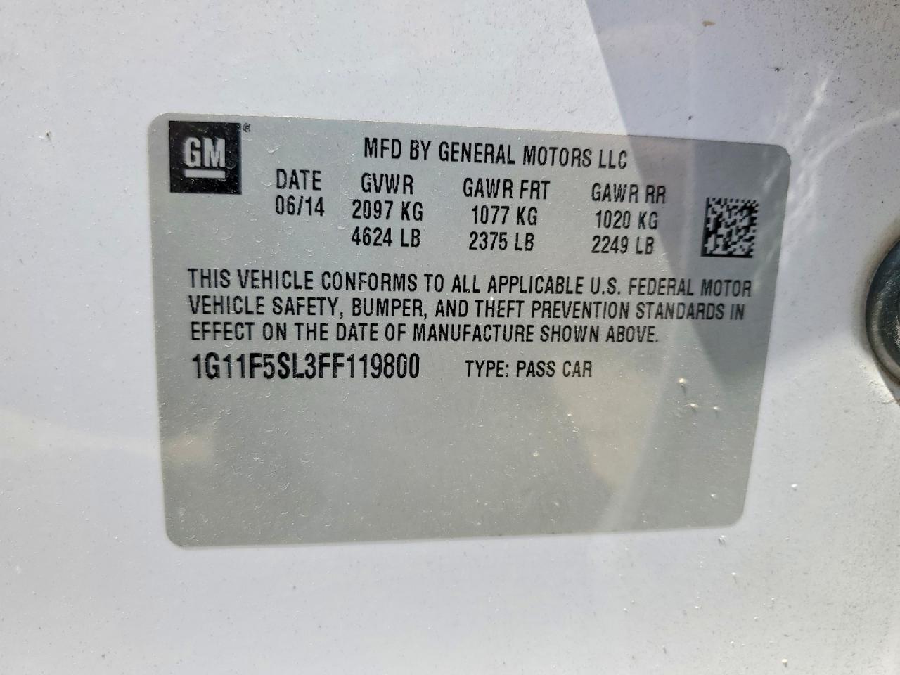 2015 Chevrolet Malibu Ltz White vin: 1G11F5SL3FF119800