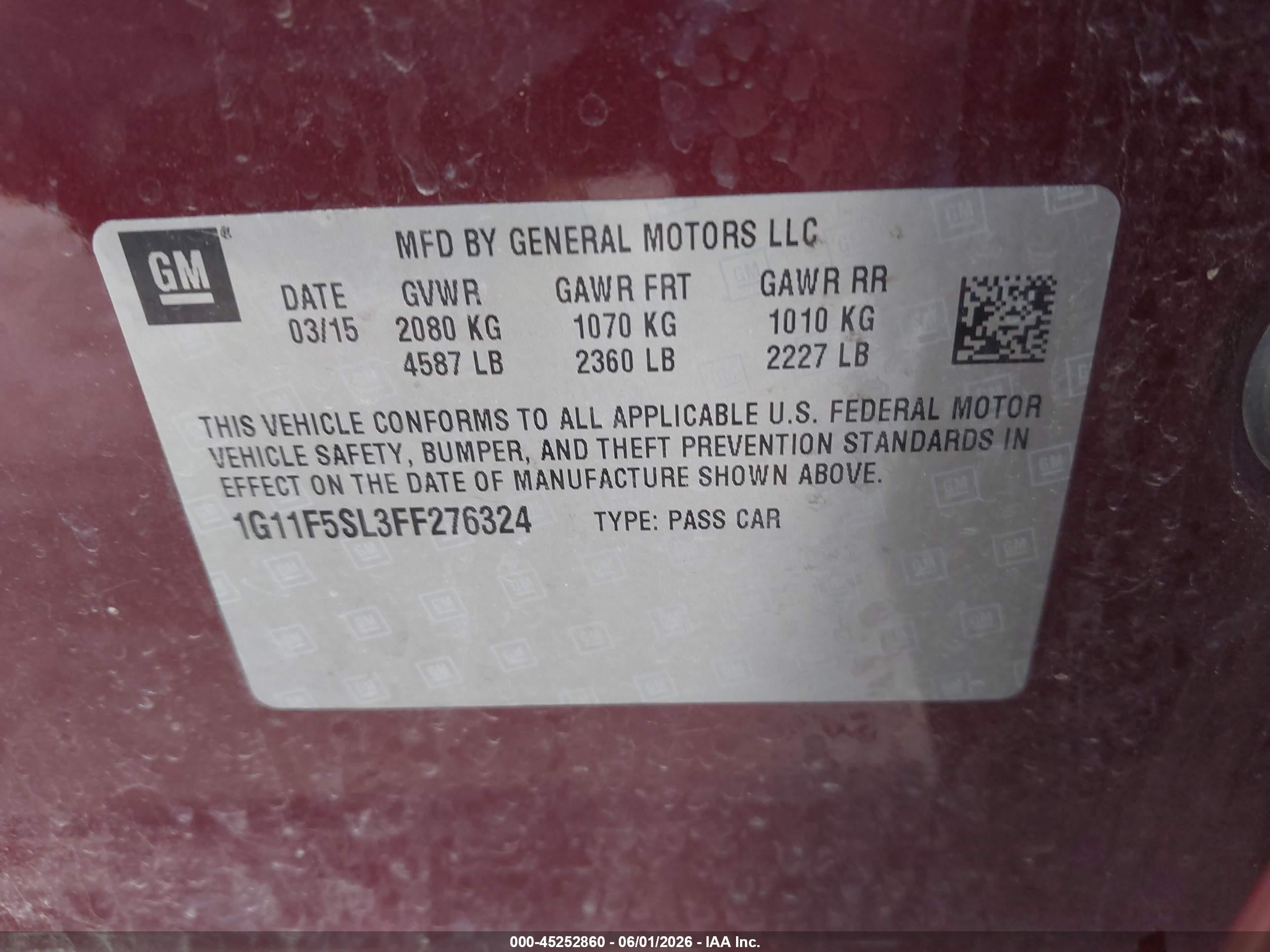 2015 Chevrolet Malibu 1lz Red vin: 1G11F5SL3FF276324