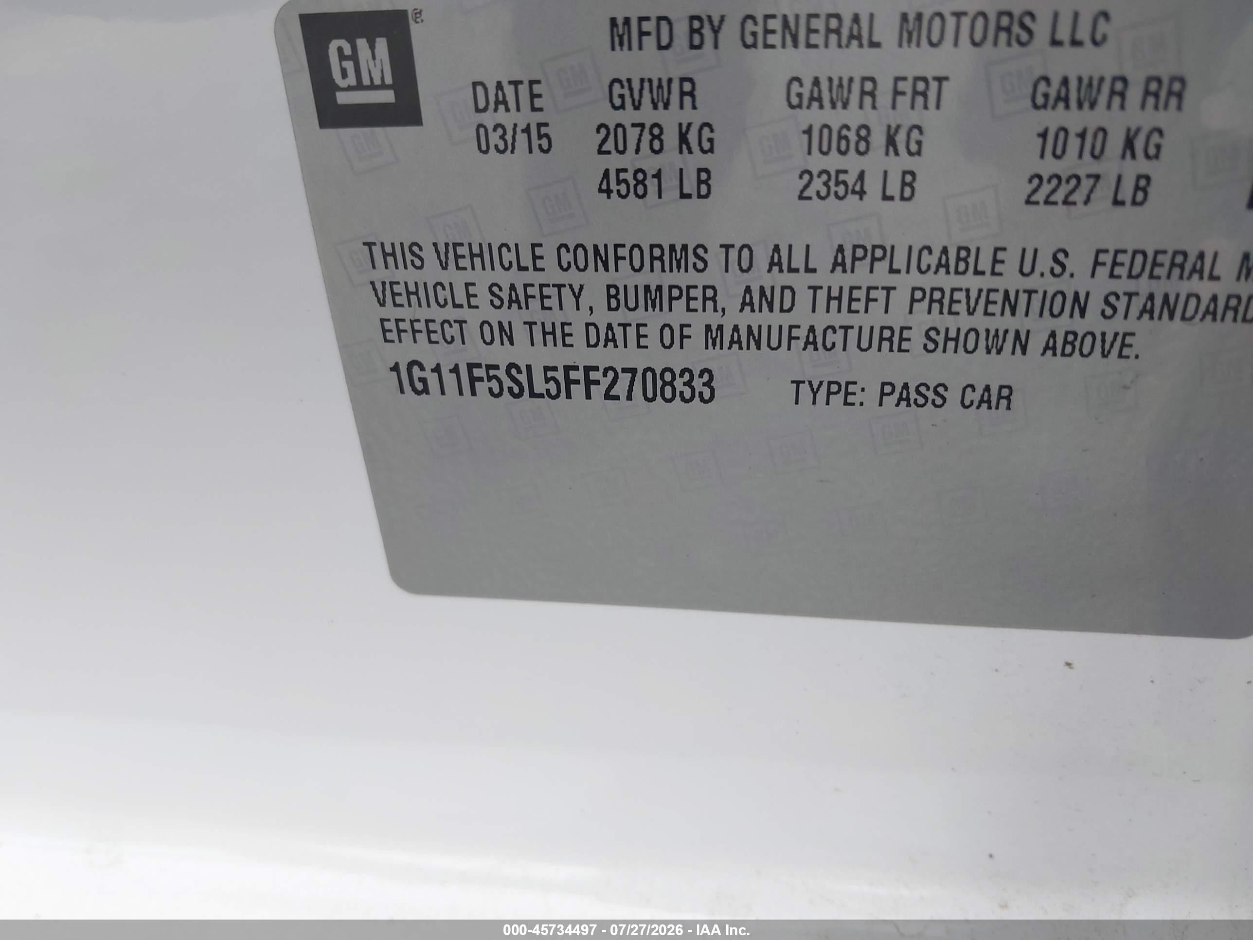 2015 Chevrolet Malibu 1lz White vin: 1G11F5SL5FF270833