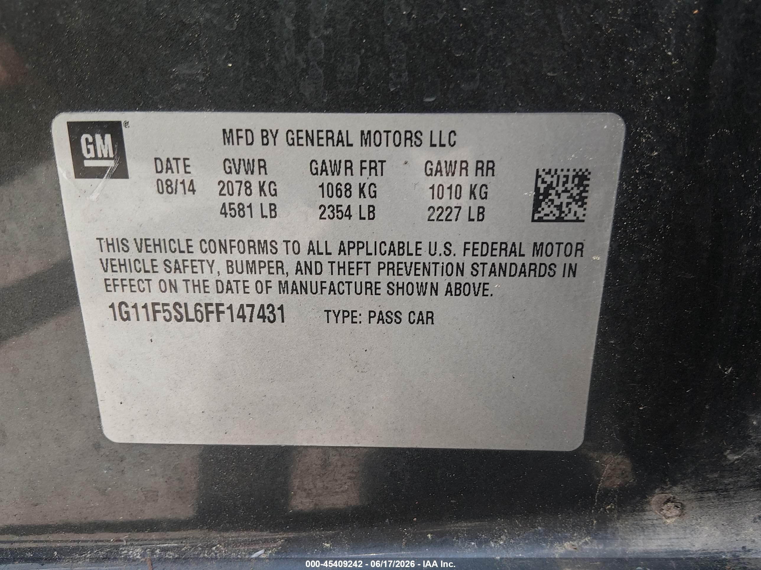 2015 Chevrolet Malibu 1lz Black vin: 1G11F5SL6FF147431
