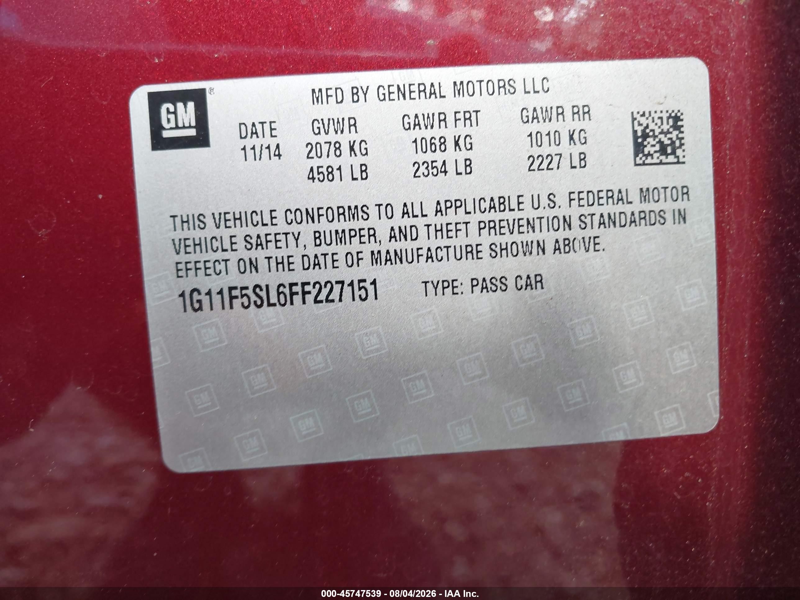 2015 Chevrolet Malibu 1lz Maroon vin: 1G11F5SL6FF227151