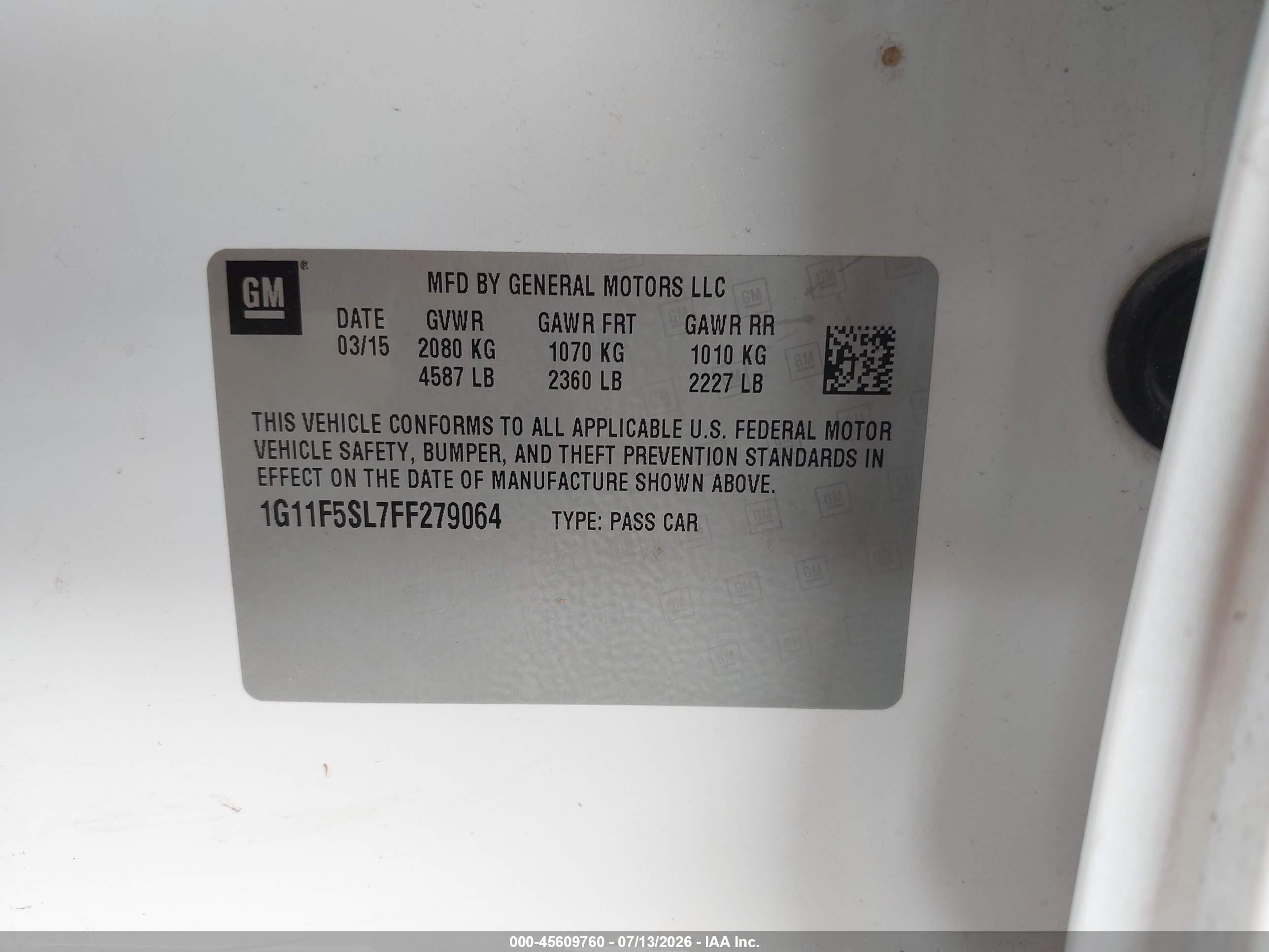 2015 Chevrolet Malibu 1lz White vin: 1G11F5SL7FF279064