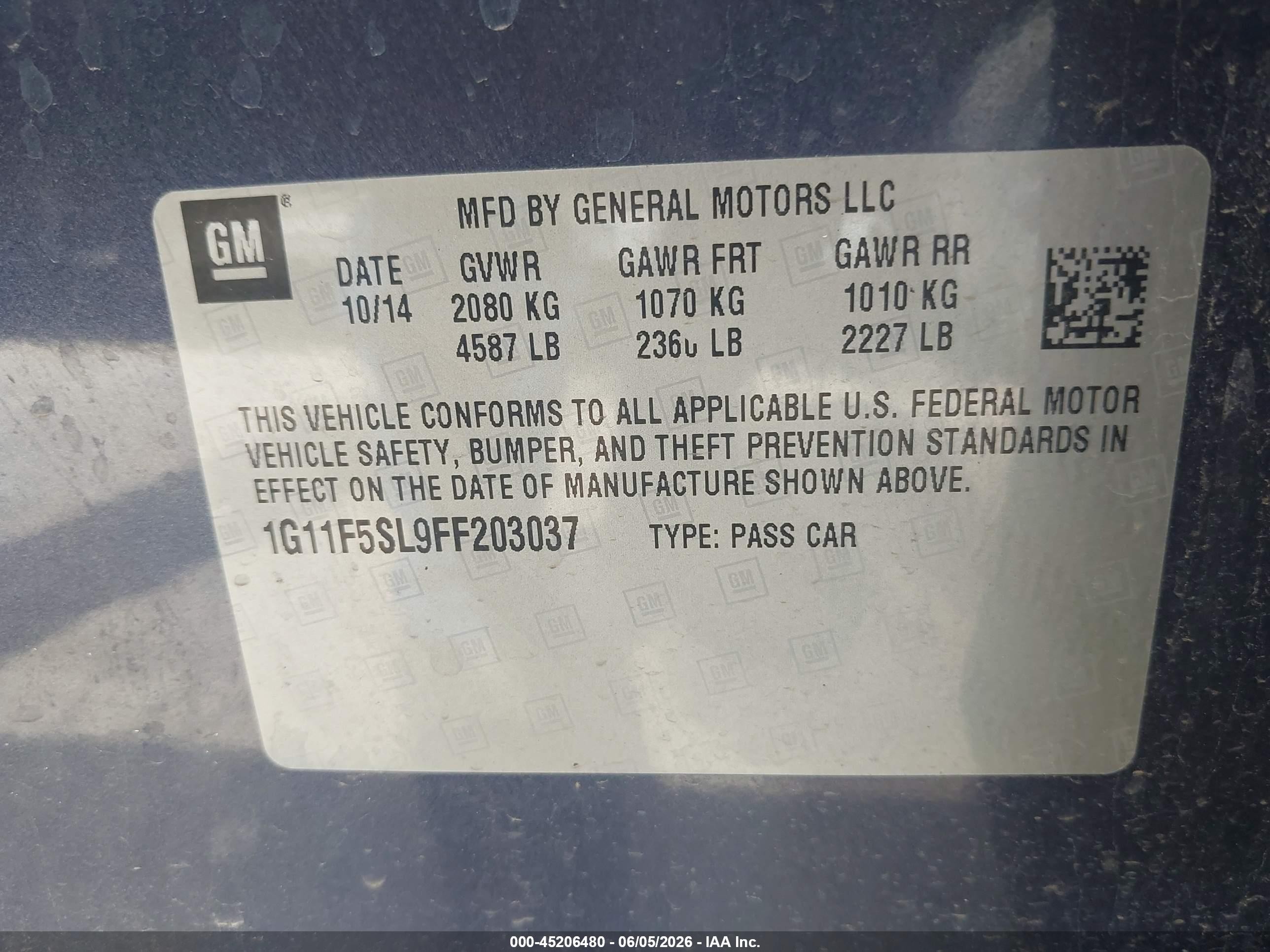 2015 Chevrolet Malibu 1lz Синий vin: 1G11F5SL9FF203037