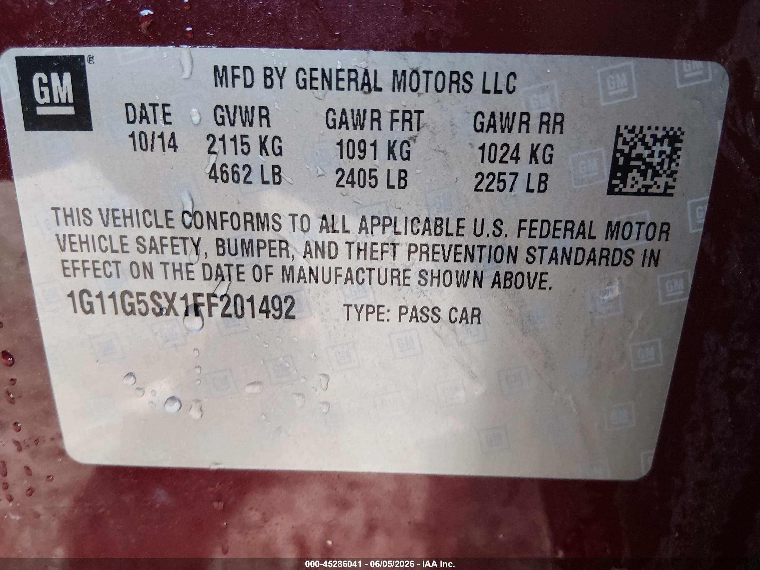 2015 Chevrolet Malibu 2lz Red vin: 1G11G5SX1FF201492