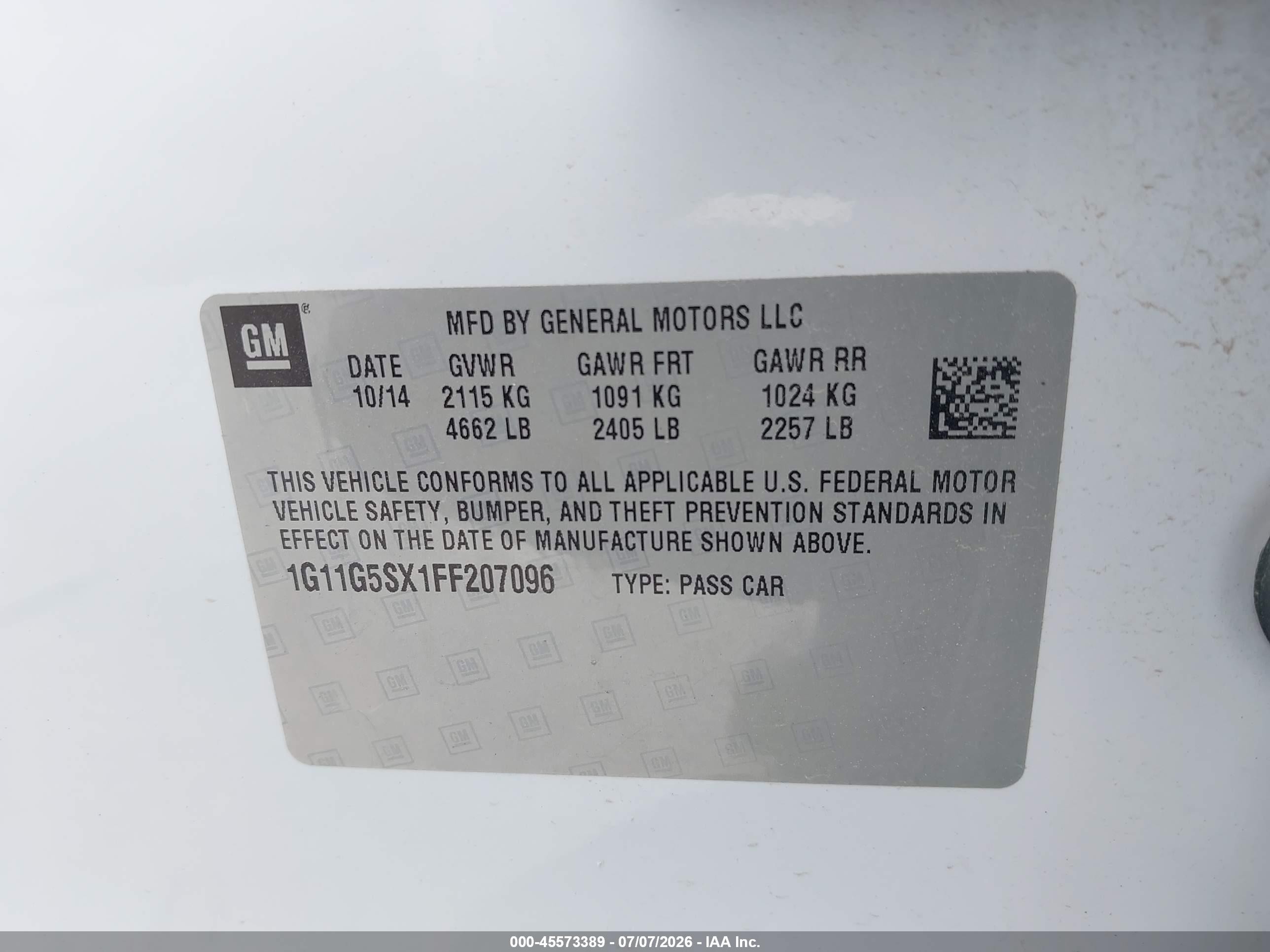 2015 Chevrolet Malibu 2lz White vin: 1G11G5SX1FF207096