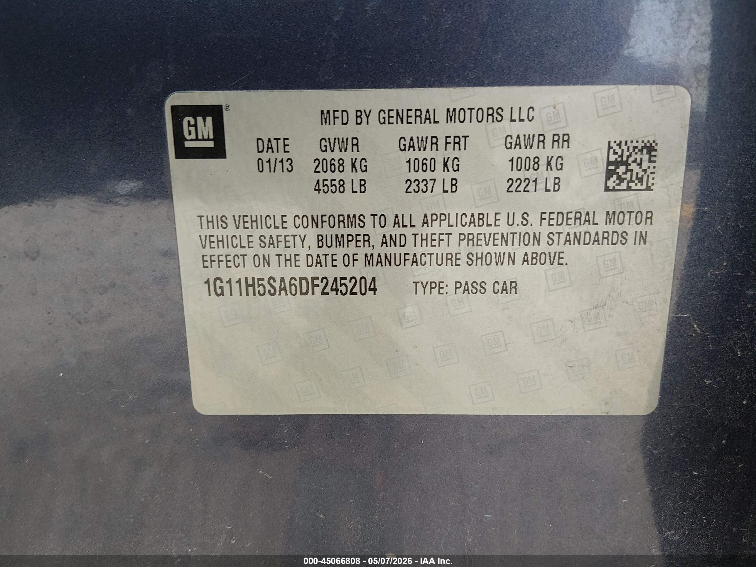 2013 Chevrolet Malibu 1lz Blue vin: 1G11H5SA6DF245204