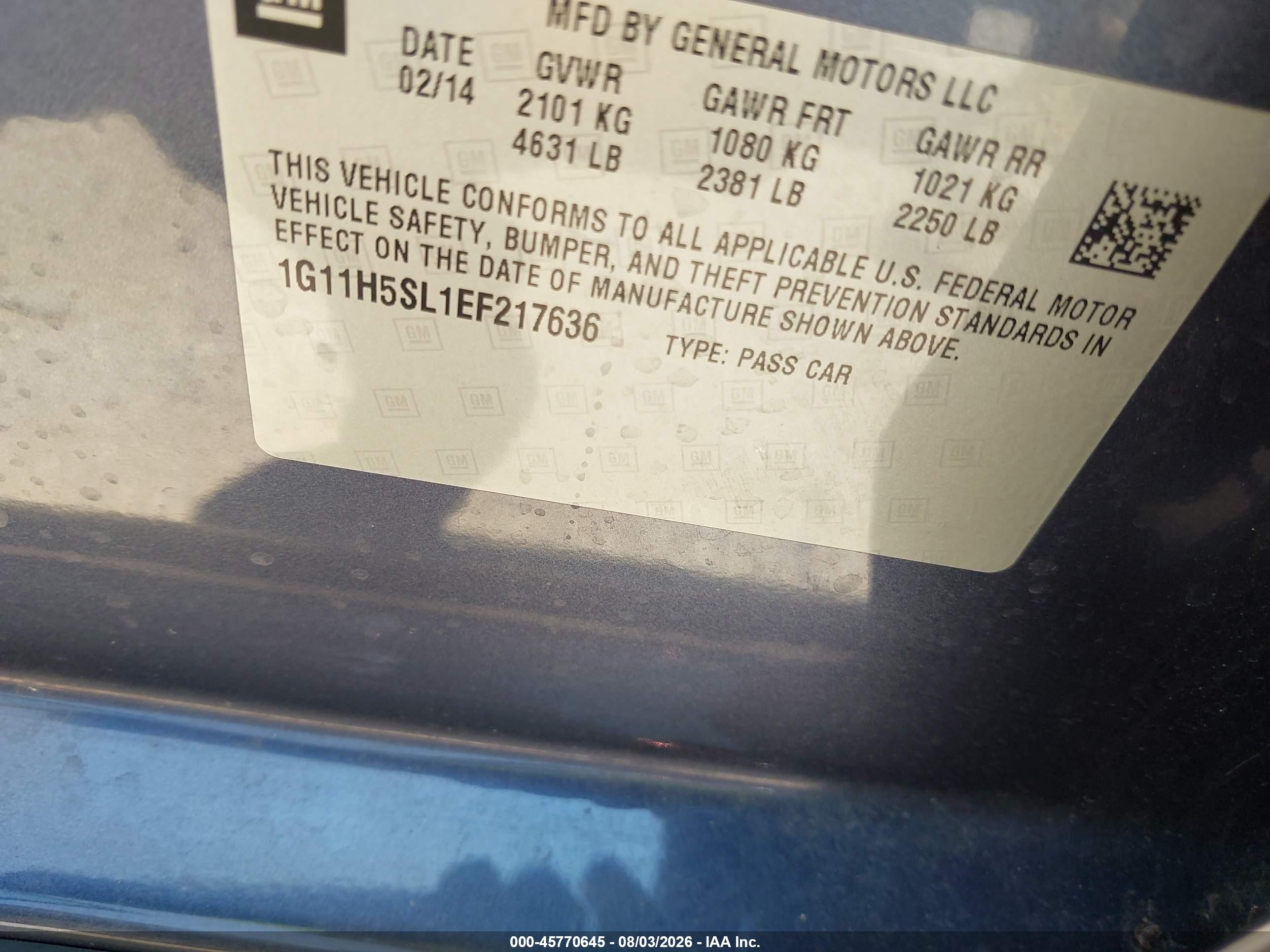 2014 Chevrolet Malibu 1lz Blue vin: 1G11H5SL1EF217636