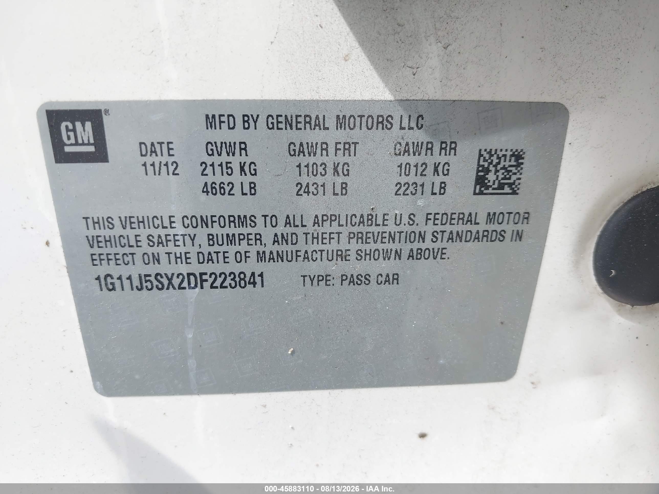 2013 Chevrolet Malibu 2lz White vin: 1G11J5SX2DF223841