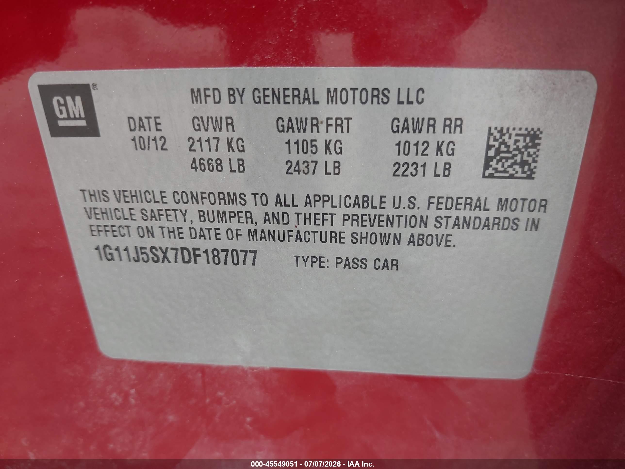 2013 Chevrolet Malibu 2lz Красный vin: 1G11J5SX7DF187077