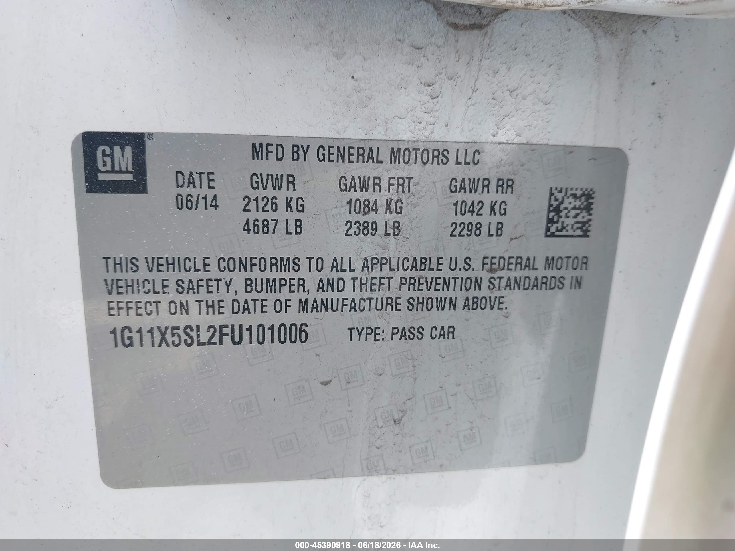 2015 Chevrolet Impala 1fl White vin: 1G11X5SL2FU101006