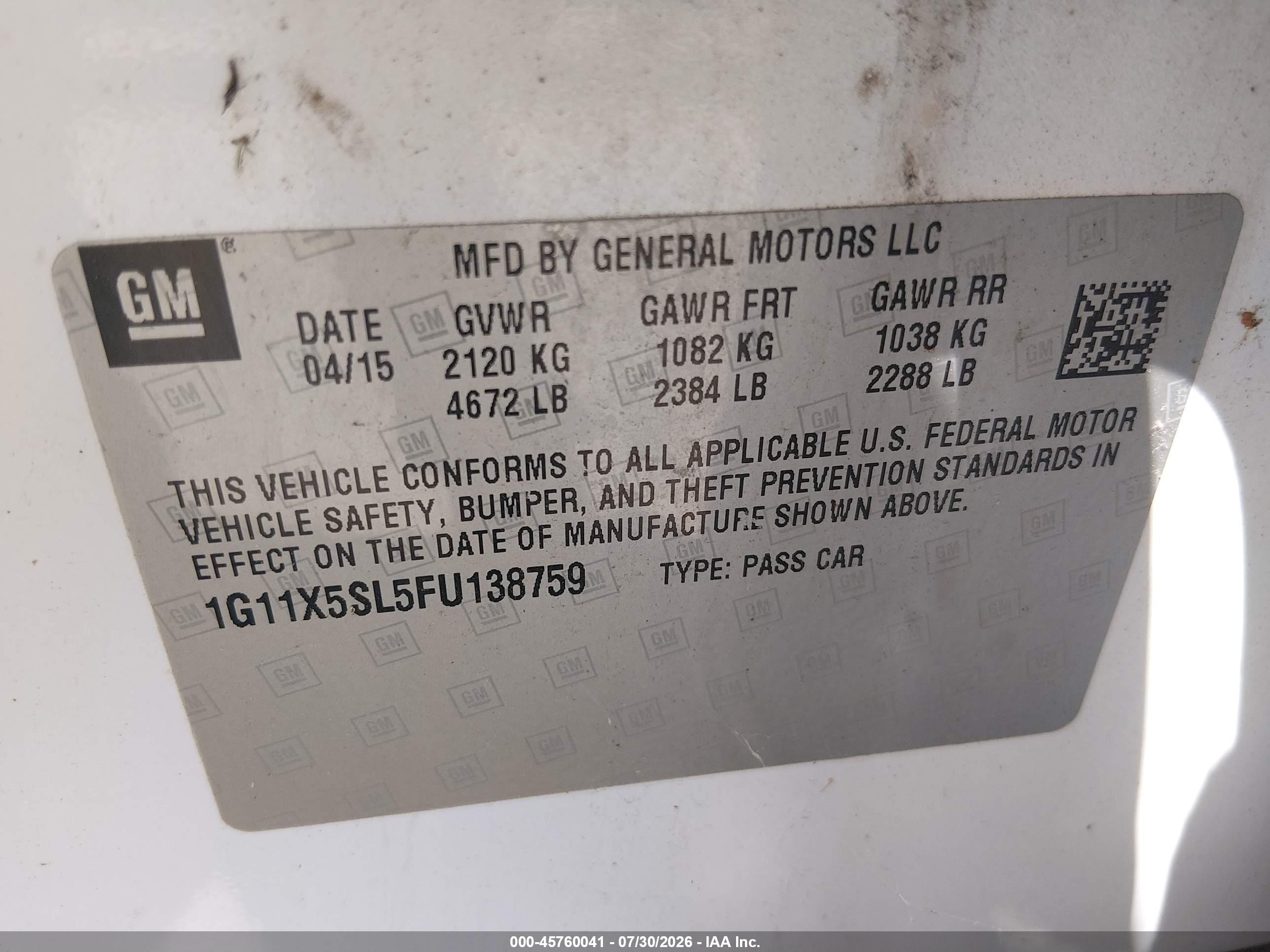 2015 Chevrolet Impala 1fl White vin: 1G11X5SL5FU138759