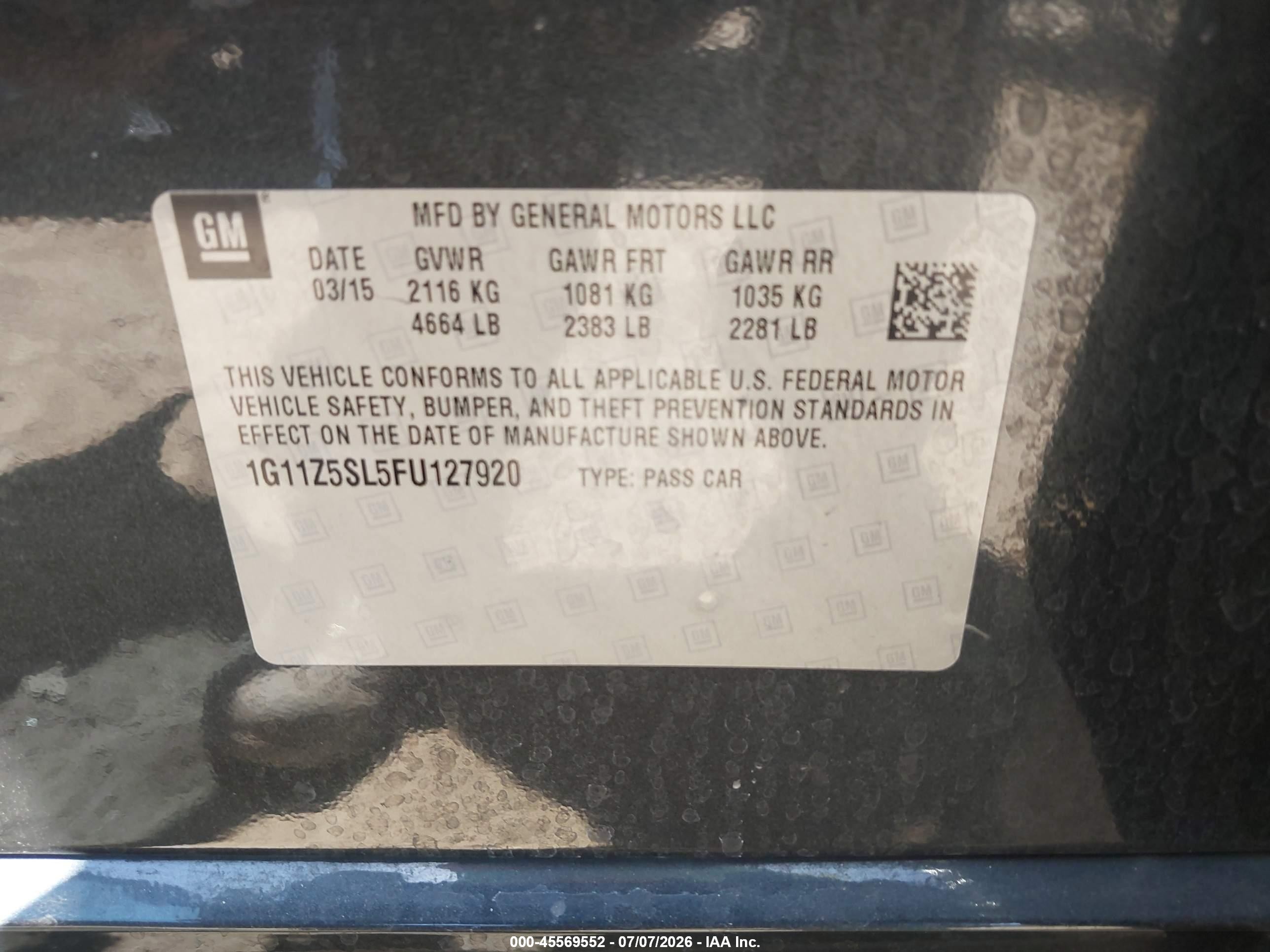 2015 Chevrolet Impala Ls Gray vin: 1G11Z5SL5FU127920