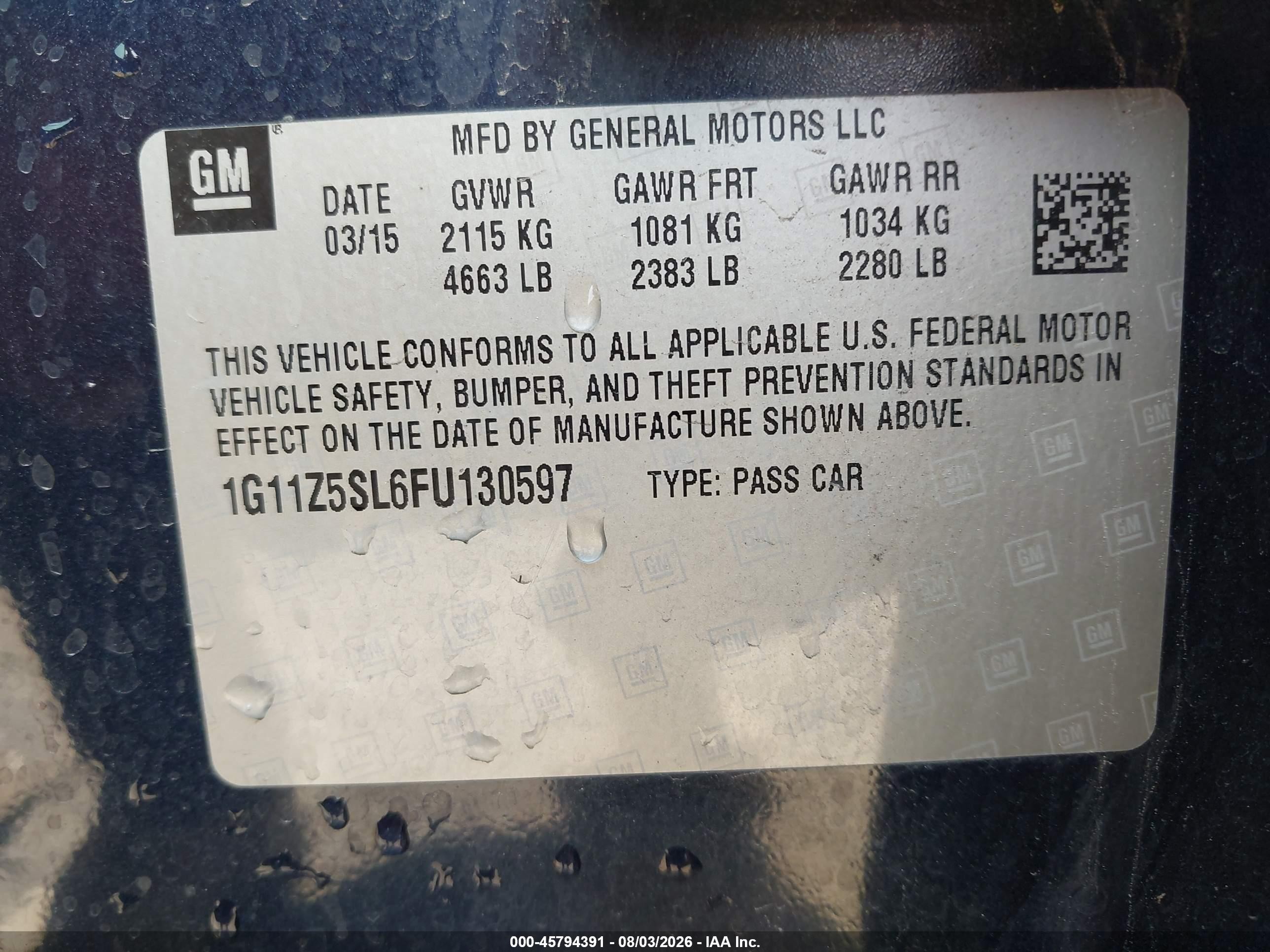 2015 Chevrolet Impala Ls Blue vin: 1G11Z5SL6FU130597