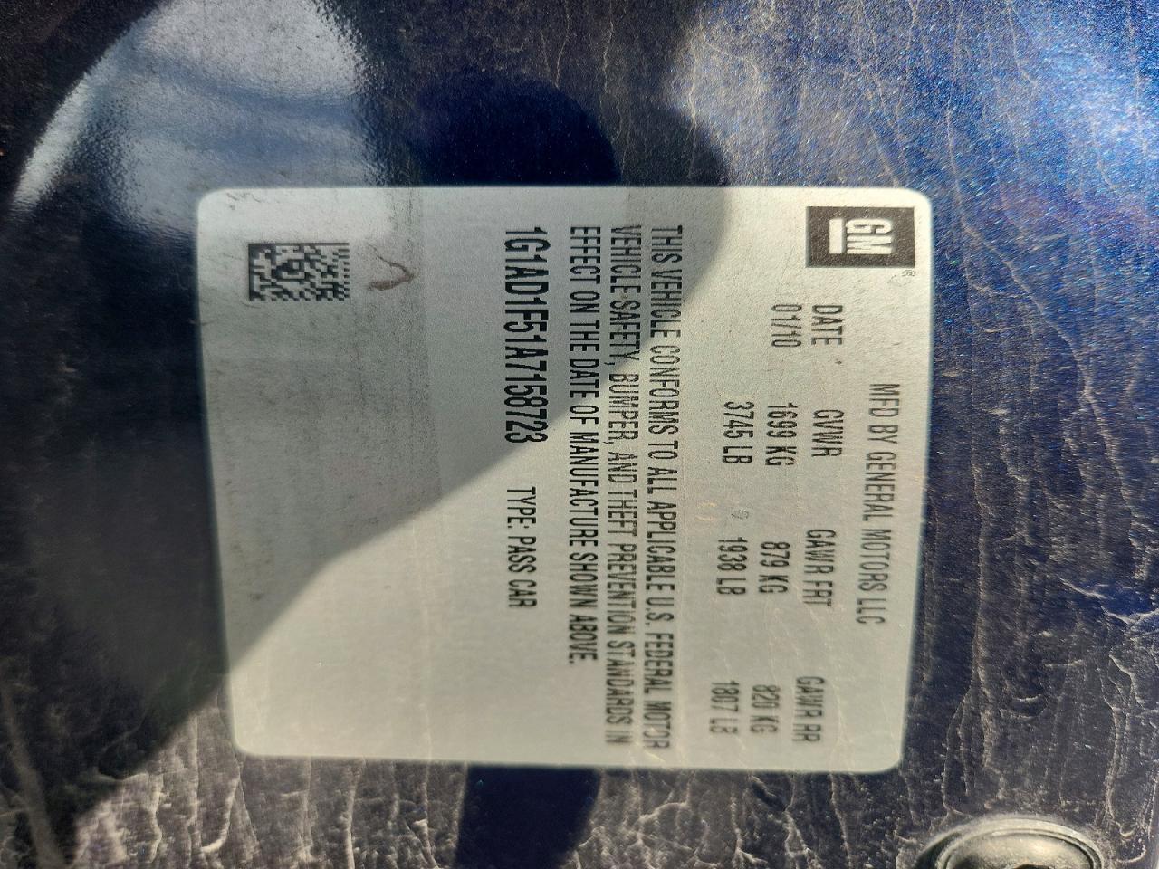 2010 Chevrolet Cobalt 2lt Blue vin: 1G1AD1F51A7158723