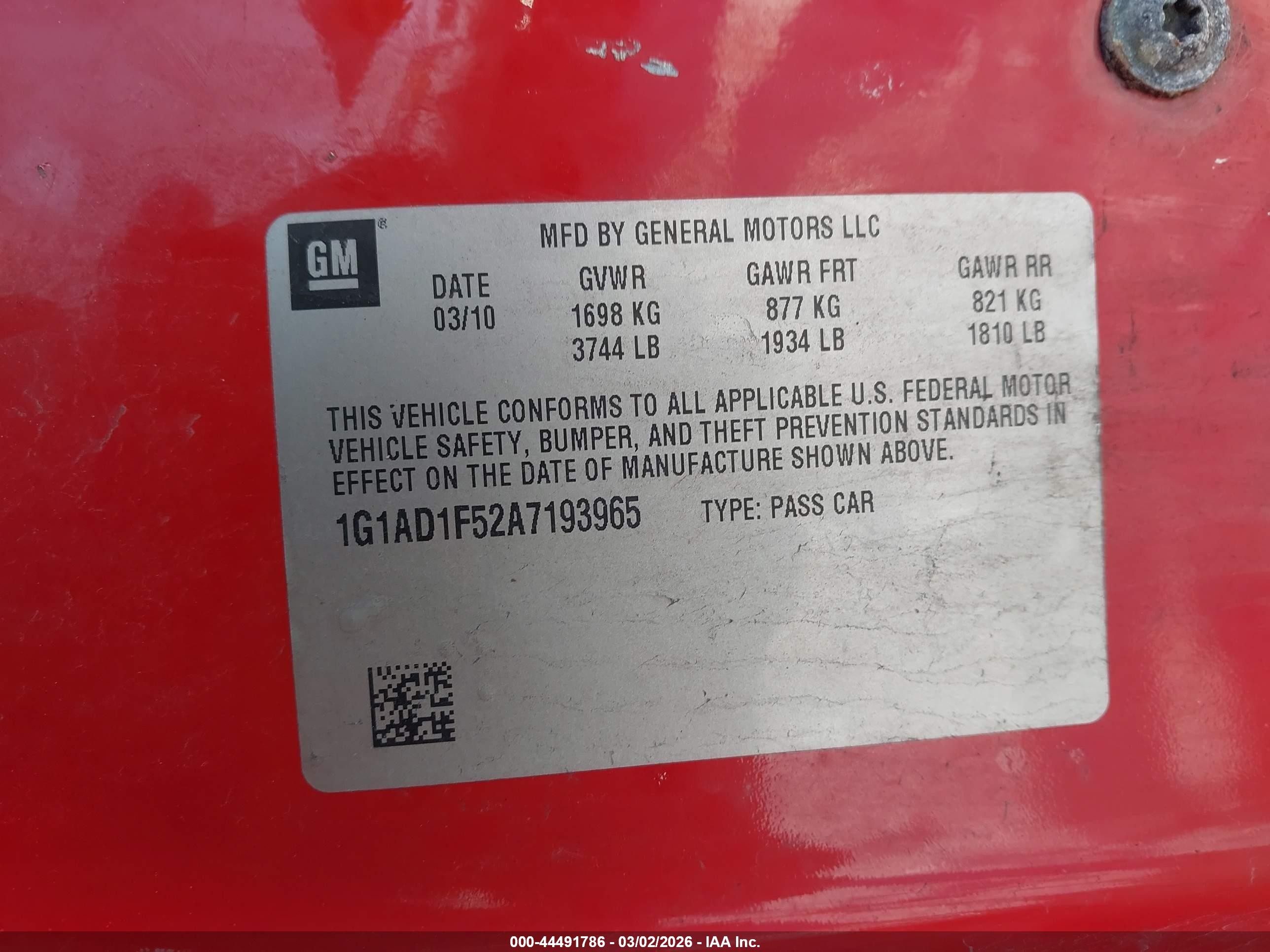 2010 Chevrolet Cobalt Lt Красный vin: 1G1AD1F52A7193965