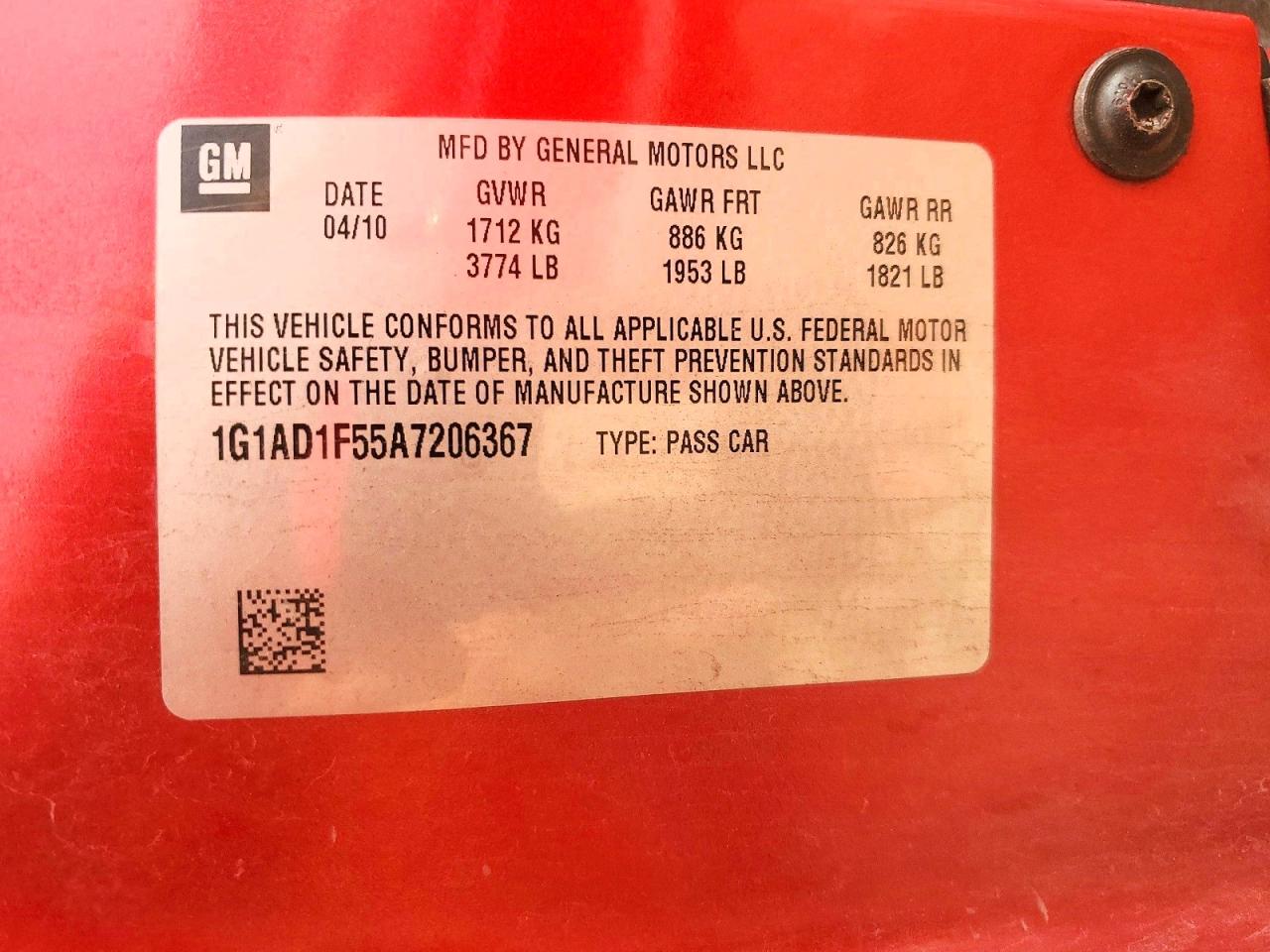2010 Chevrolet Cobalt 1lt Red vin: 1G1AD1F55A7206367