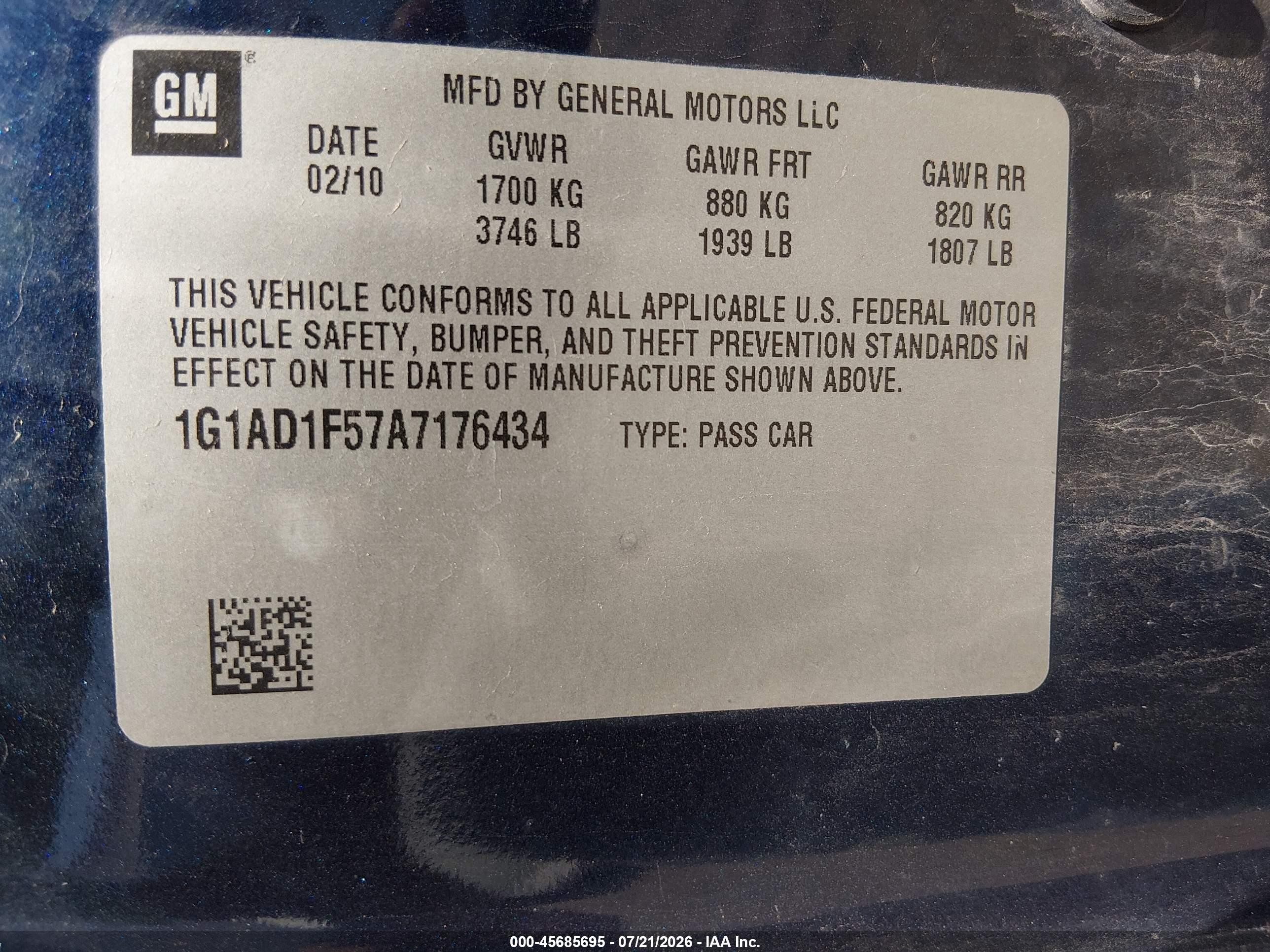 2010 Chevrolet Cobalt Lt Dark Blue vin: 1G1AD1F57A7176434