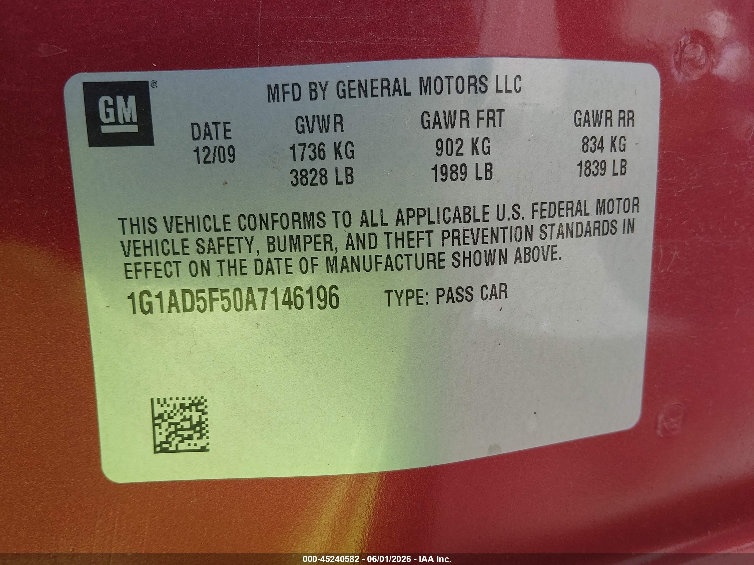 2010 Chevrolet Cobalt Lt Red vin: 1G1AD5F50A7146196