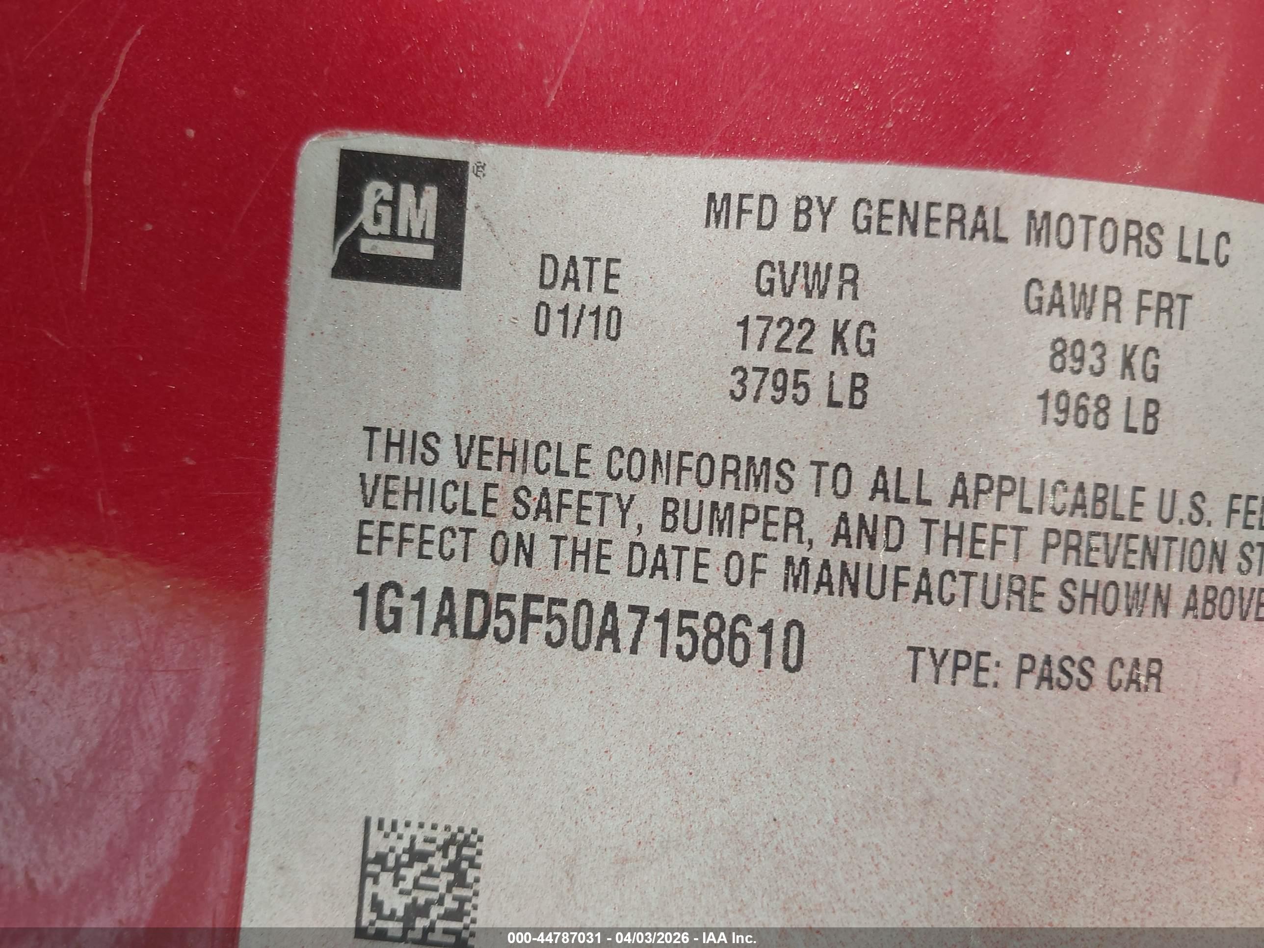 2010 Chevrolet Cobalt Lt Red vin: 1G1AD5F50A7158610