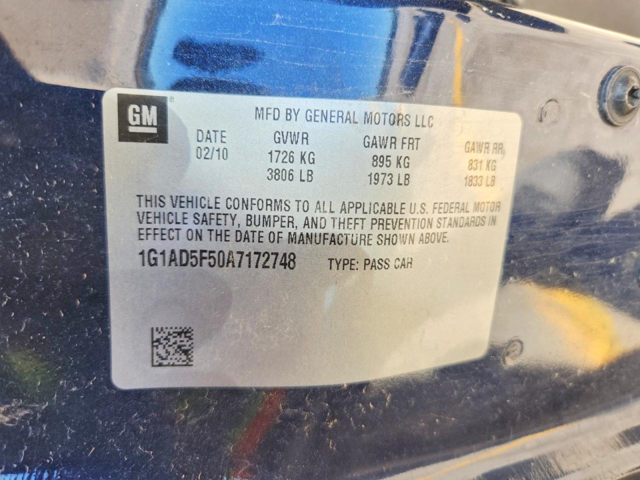 2010 Chevrolet Cobalt 1lt Blue vin: 1G1AD5F50A7172748
