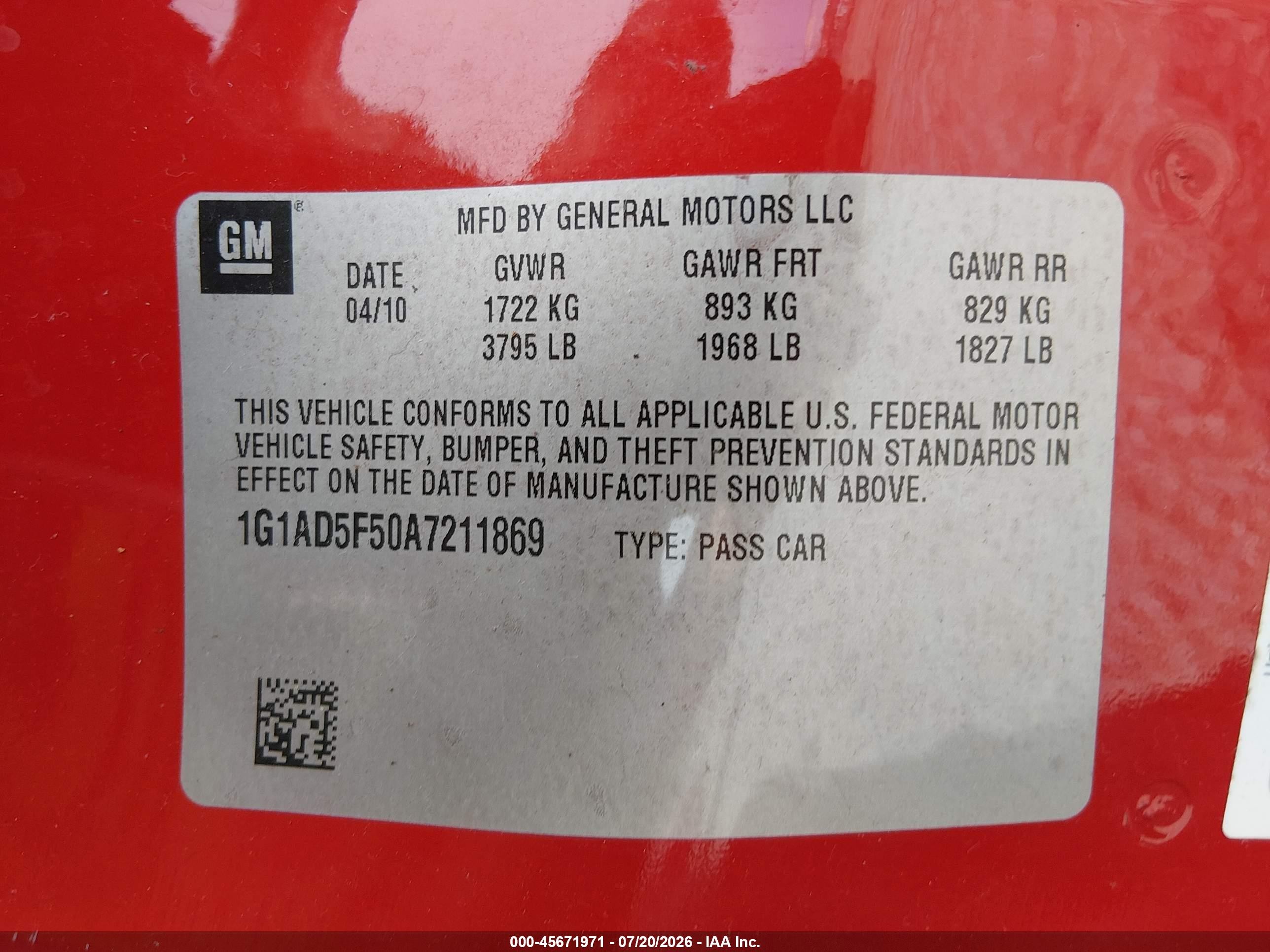 2010 Chevrolet Cobalt Lt Красный vin: 1G1AD5F50A7211869