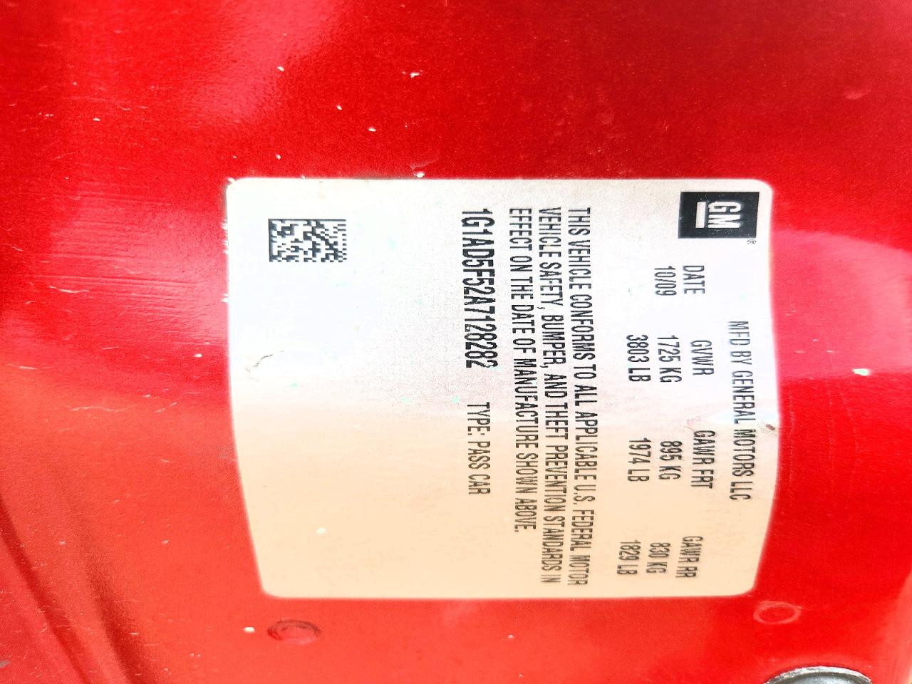 2010 Chevrolet Cobalt 1lt Red vin: 1G1AD5F52A7128282