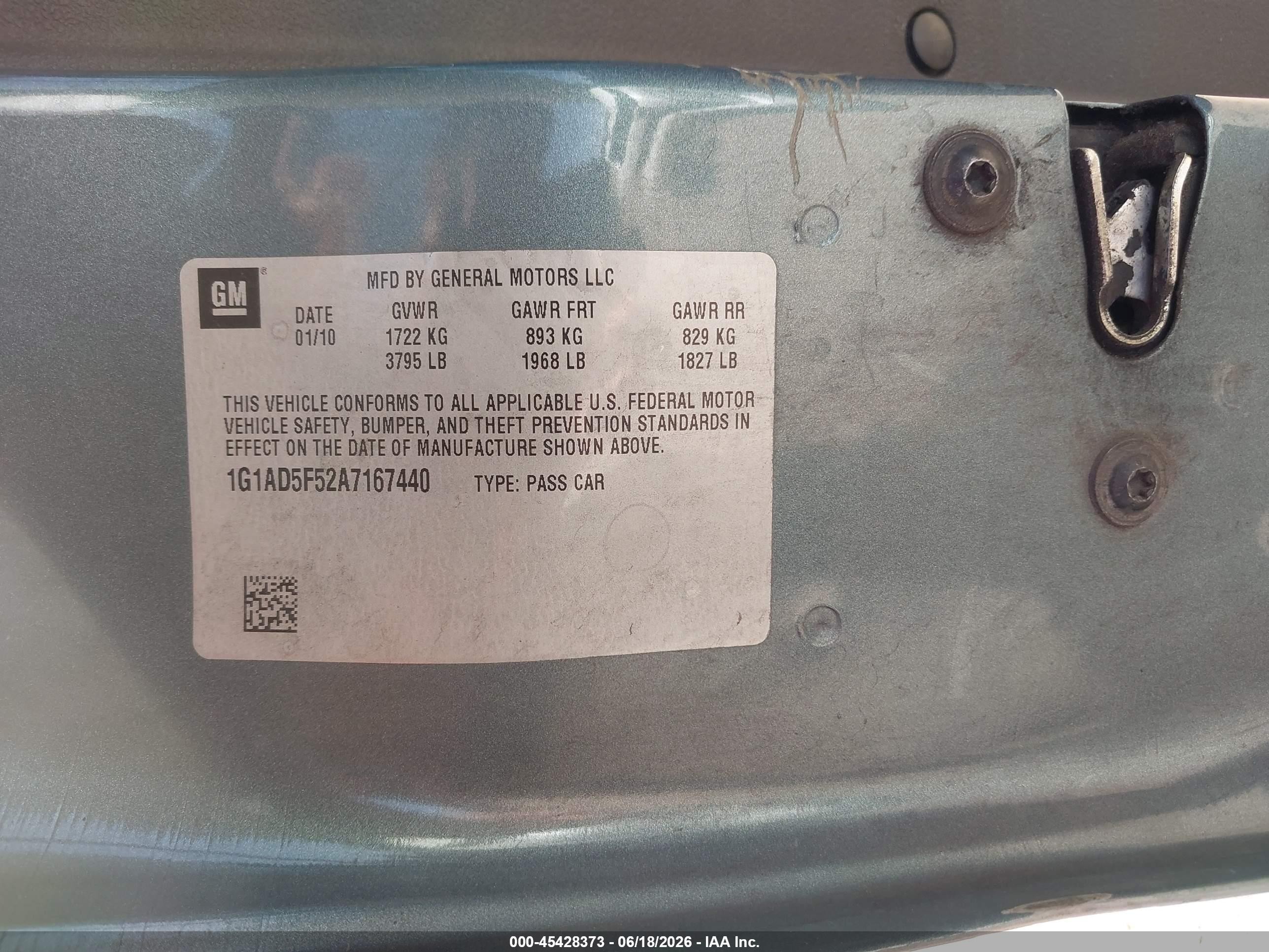 2010 Chevrolet Cobalt Lt Green vin: 1G1AD5F52A7167440