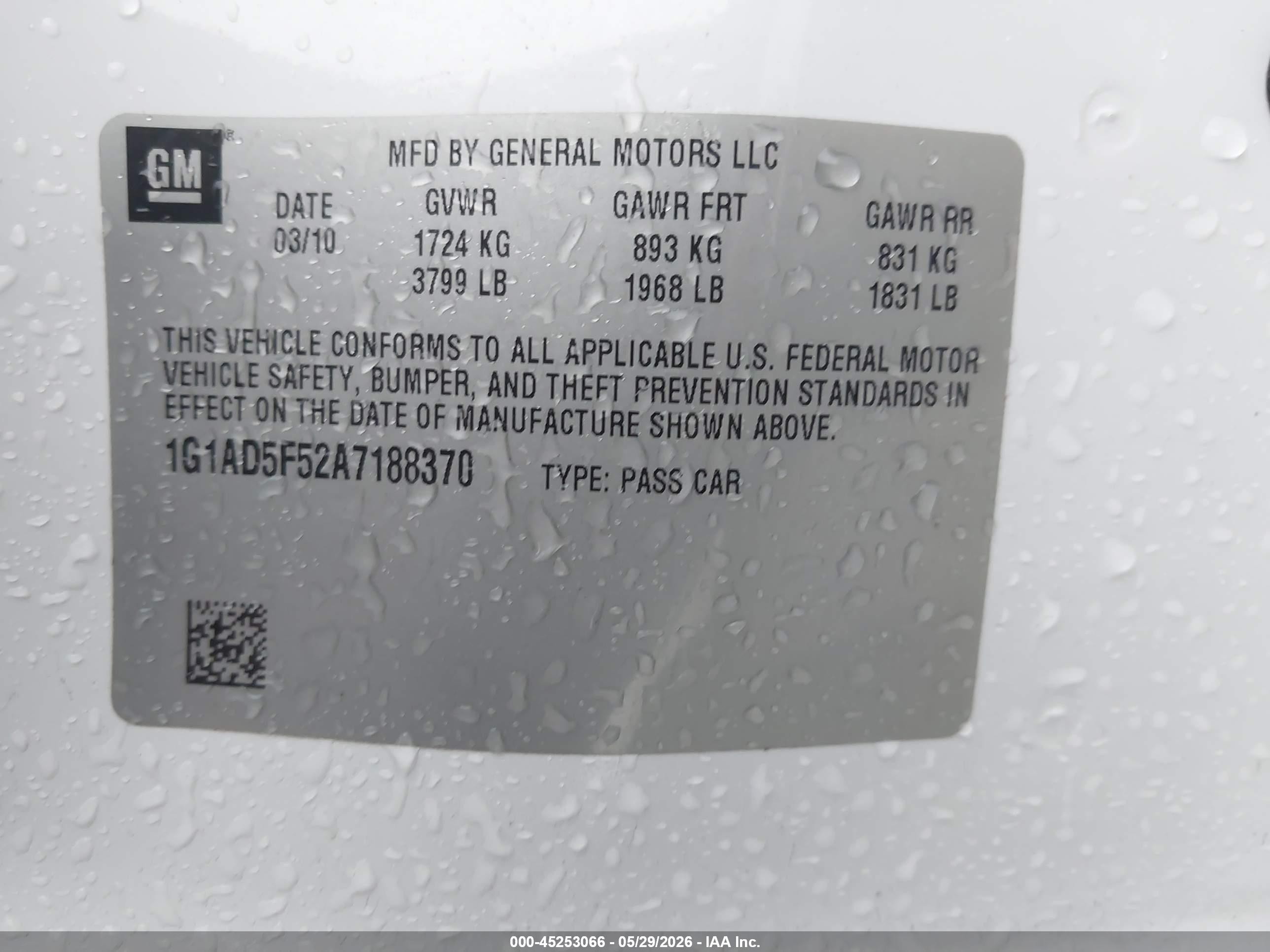 2010 Chevrolet Cobalt Lt White vin: 1G1AD5F52A7188370