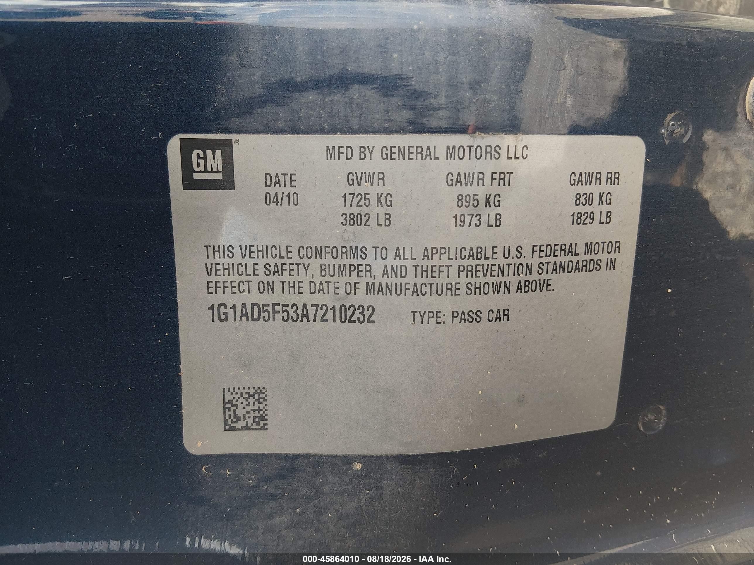 2010 Chevrolet Cobalt Lt Dark Blue vin: 1G1AD5F53A7210232