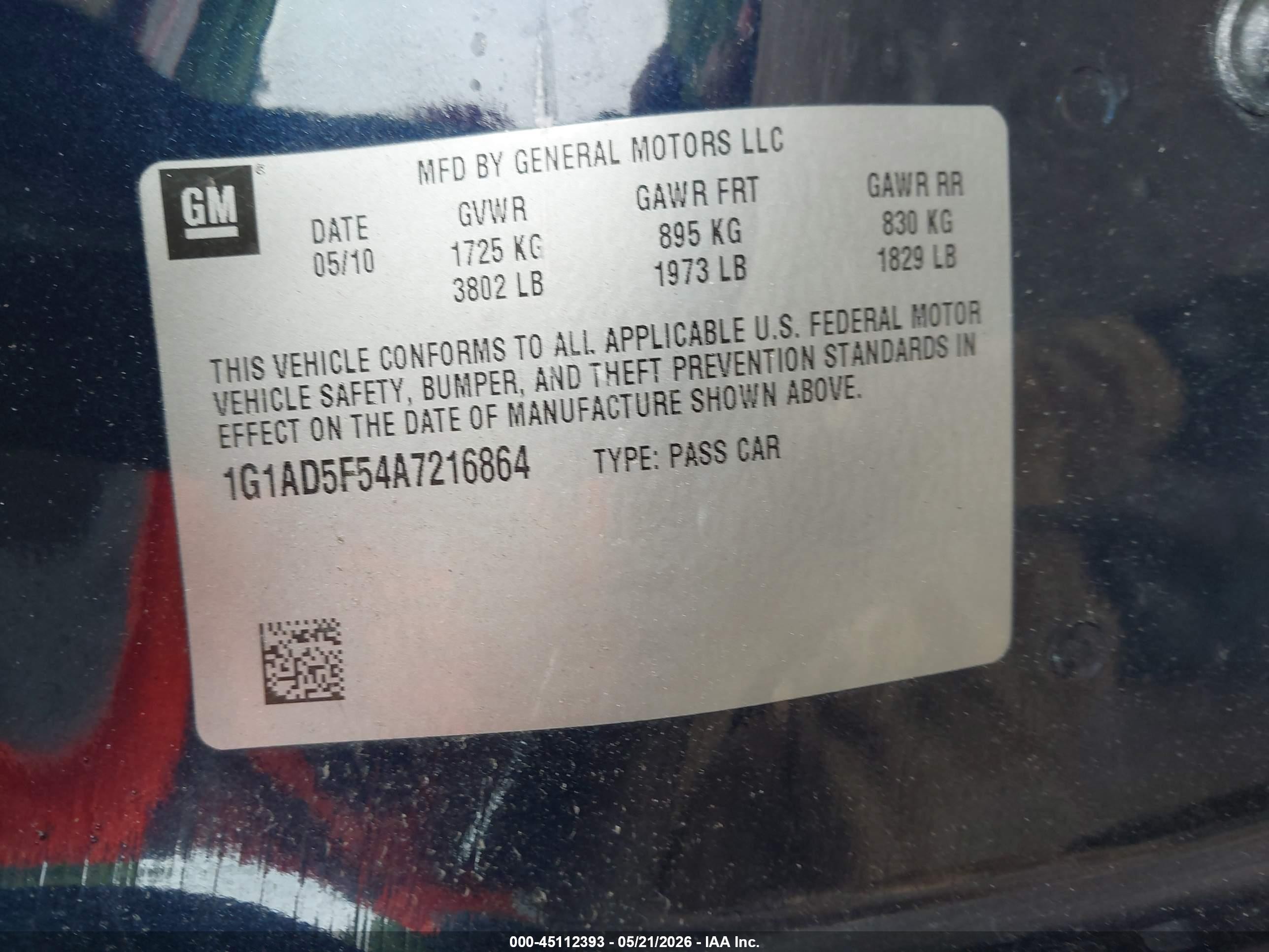 2010 Chevrolet Cobalt Lt Синий vin: 1G1AD5F54A7216864