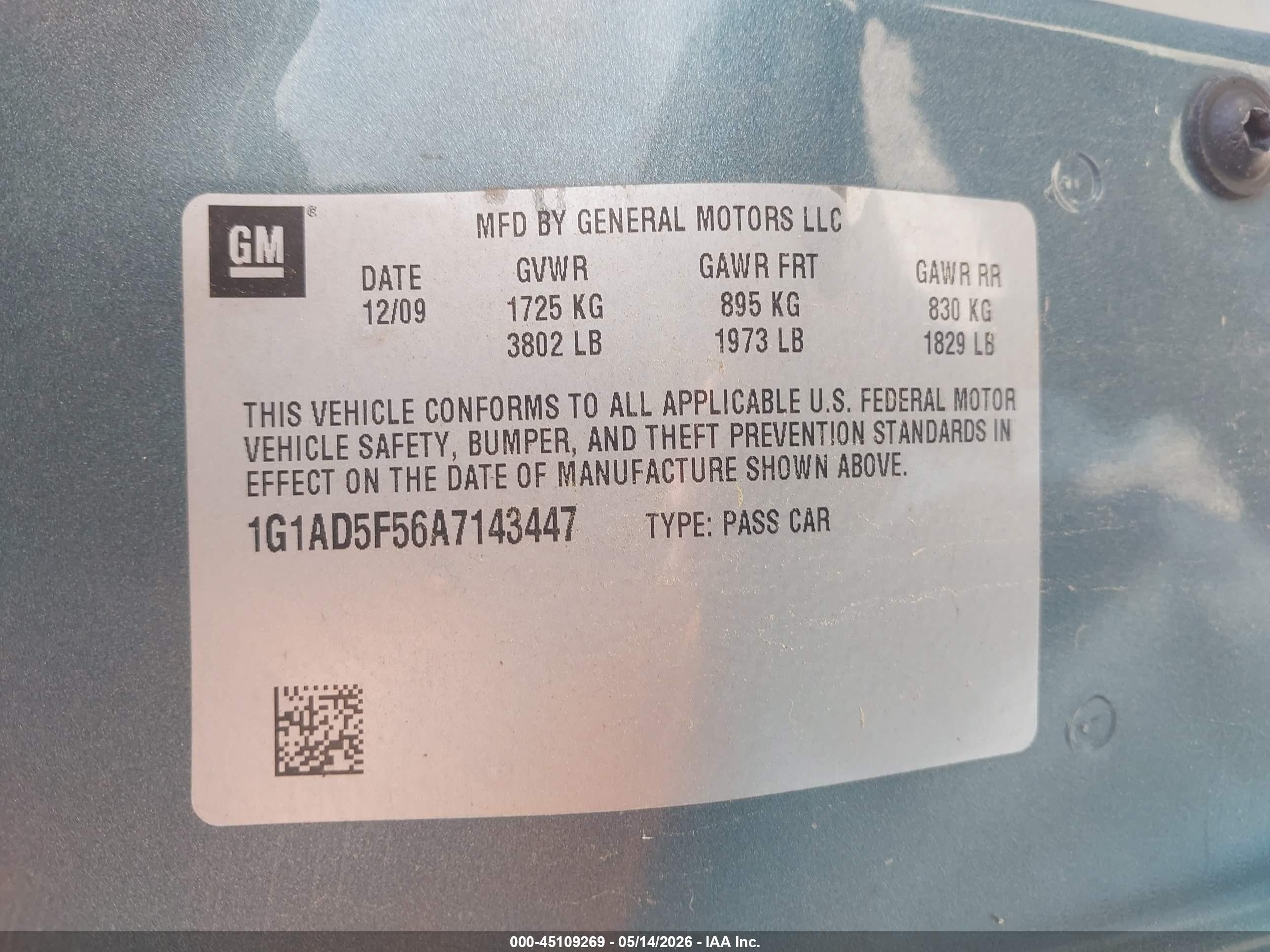 2010 Chevrolet Cobalt Lt Green vin: 1G1AD5F56A7143447