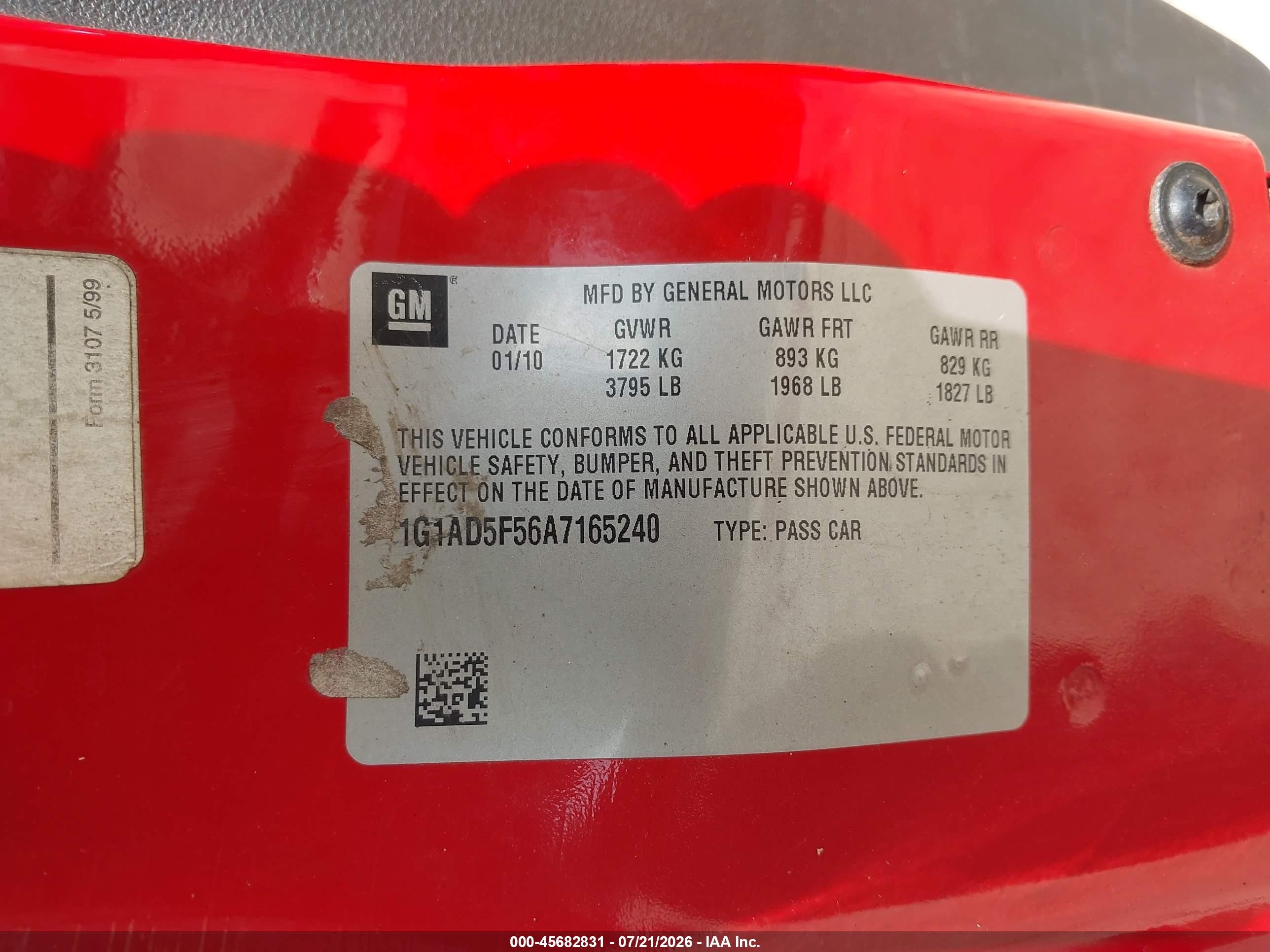 2010 Chevrolet Cobalt Lt Red vin: 1G1AD5F56A7165240