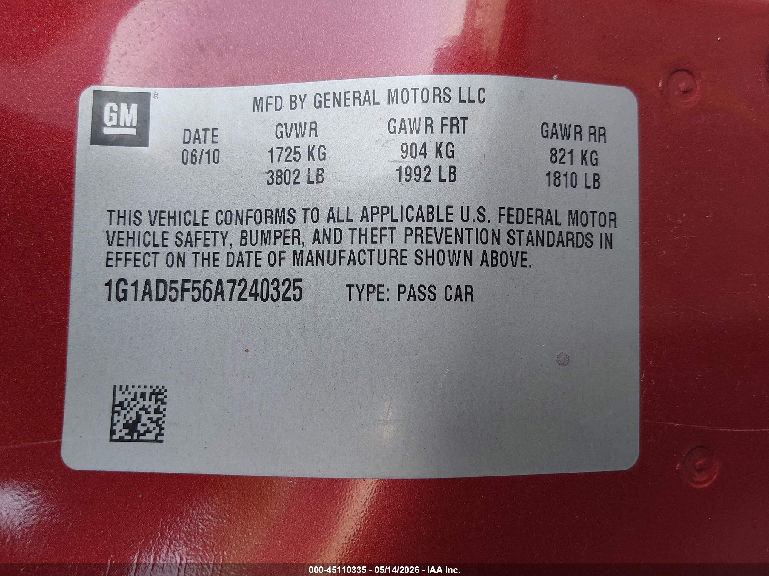 2010 Chevrolet Cobalt Lt Red vin: 1G1AD5F56A7240325