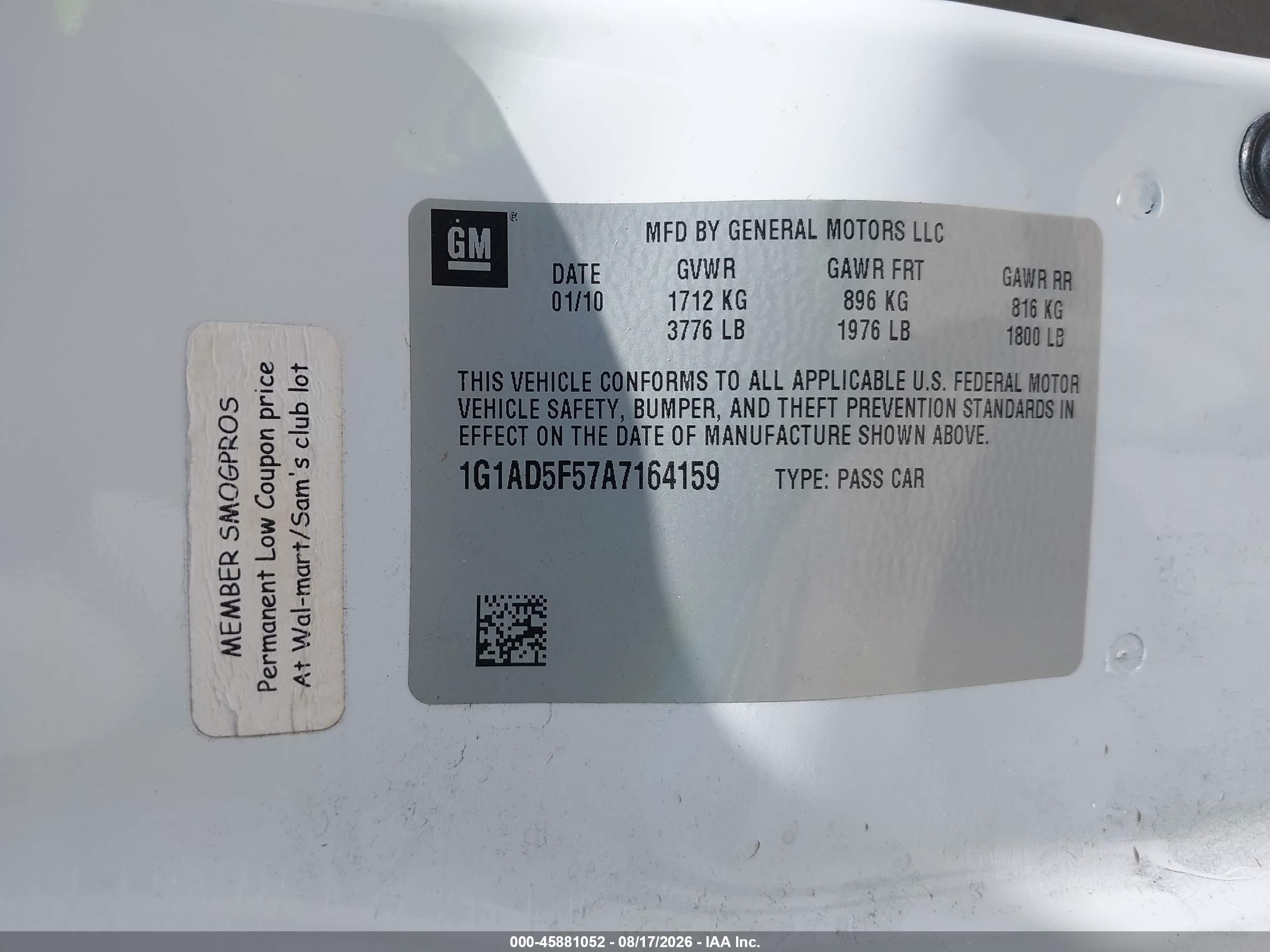 2010 Chevrolet Cobalt 1lt White vin: 1G1AD5F57A7164159