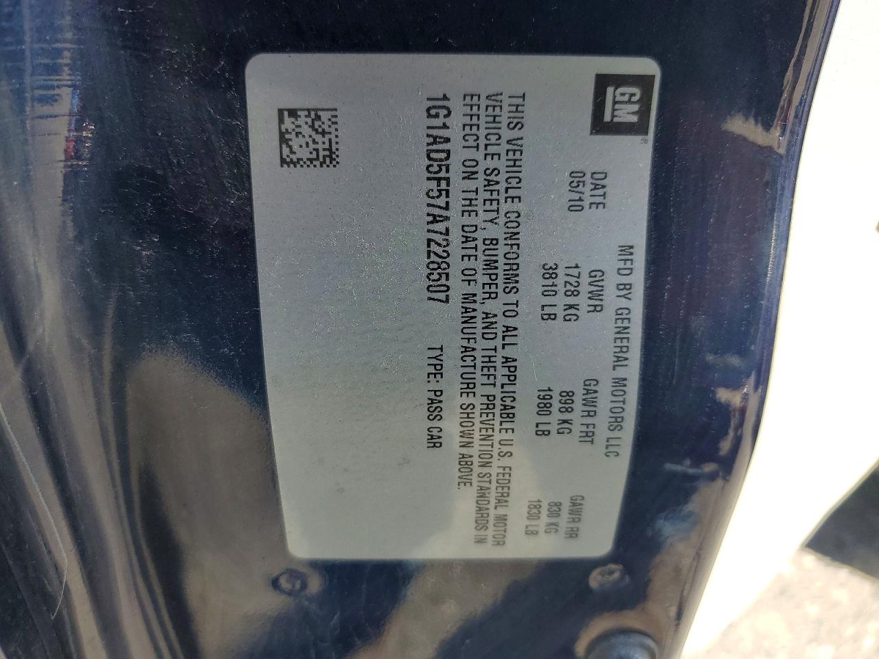 2010 Chevrolet Cobalt 1lt Blue vin: 1G1AD5F57A7228507